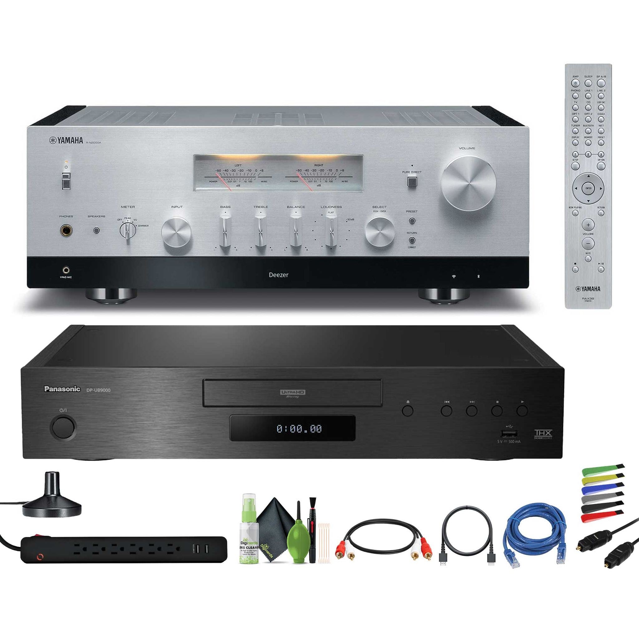 Yamaha R-N2000A 2.1-Channel Network Stereo Receiver Silver , Panasonic DP-UB9000 HDR UHD 4K Network Blu-ray Disc Player, Cat5e Ethernet Patch Cable Stranded - Black, Bundle