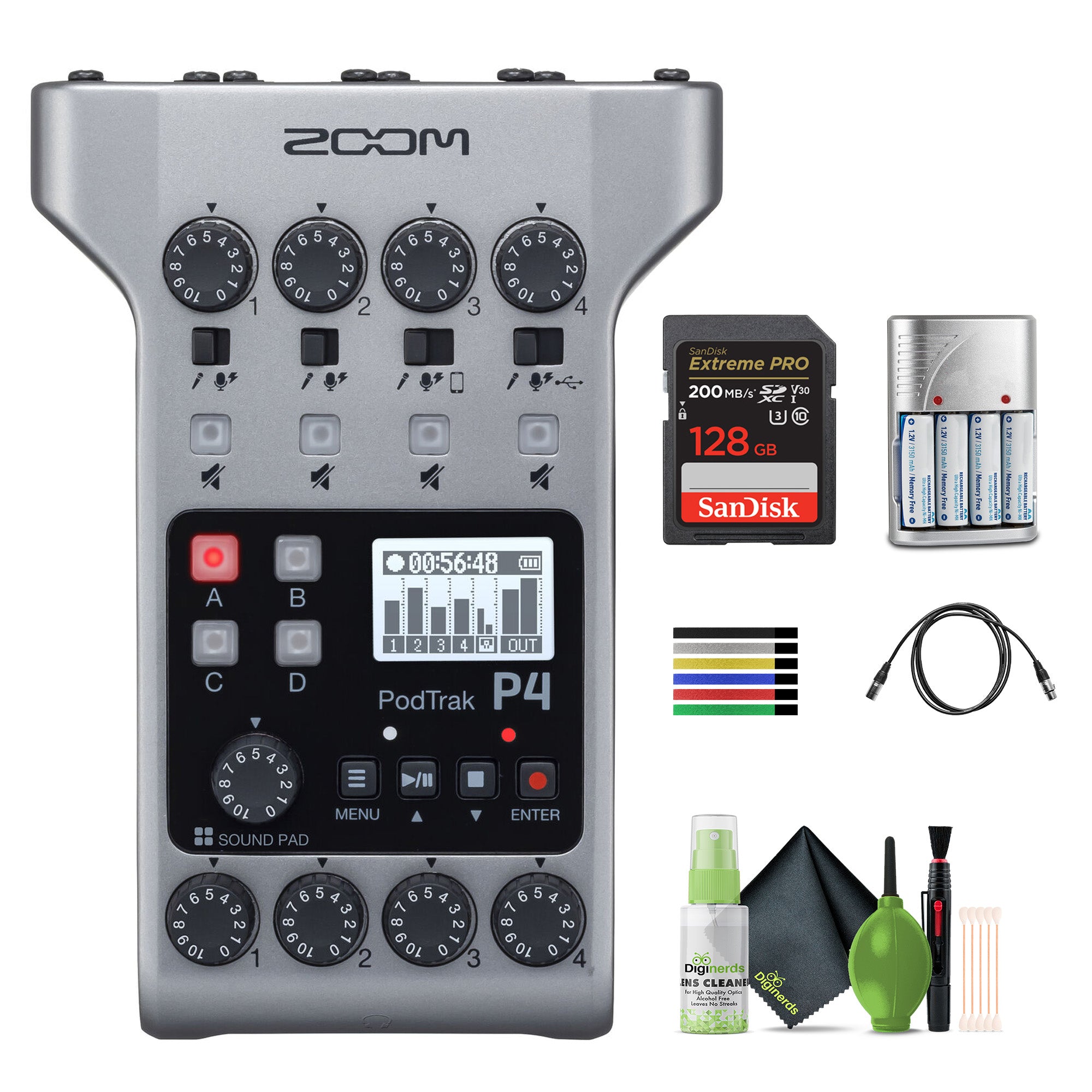 Zoom PodTrak P4 Podcast Recorder, Battery Powered Bundle