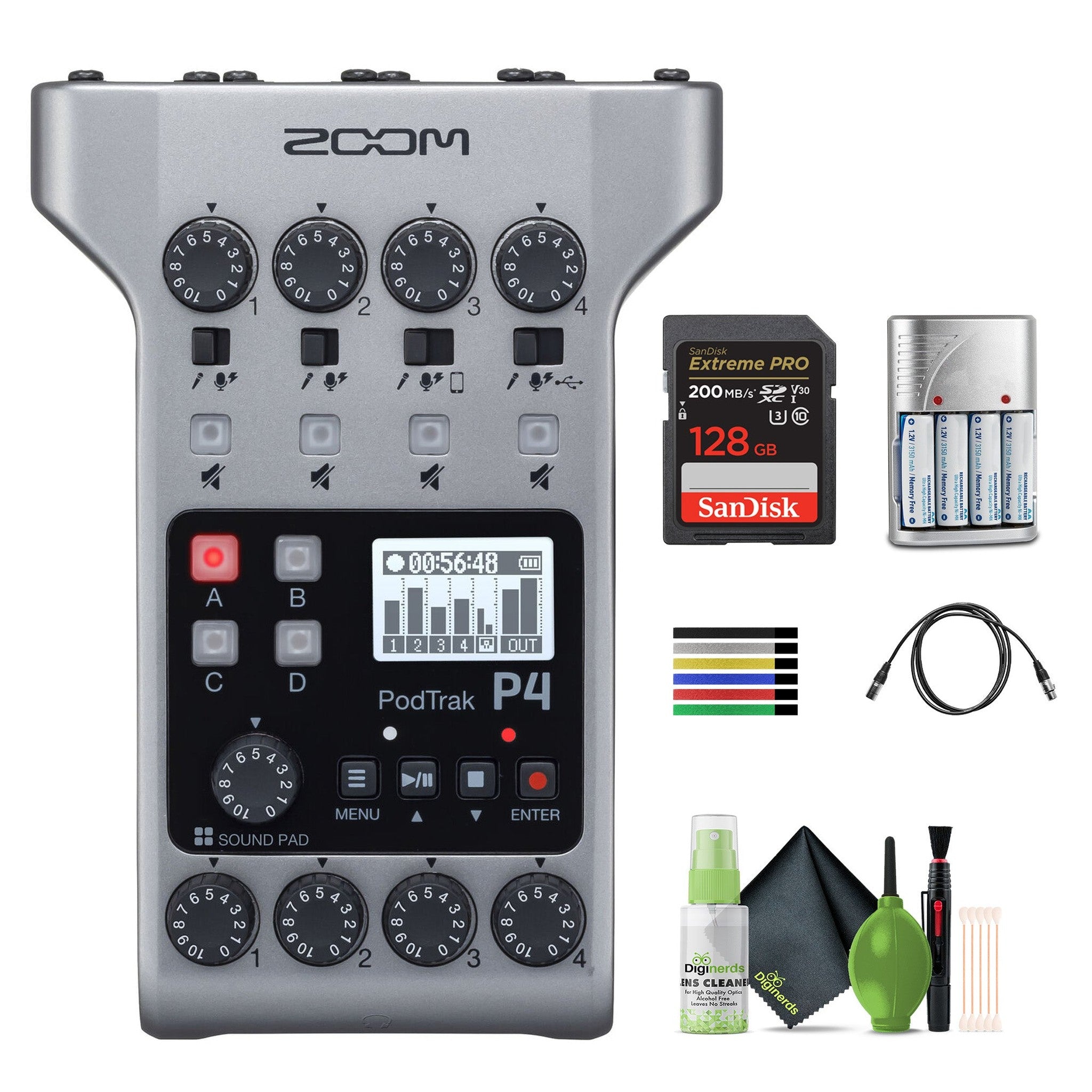 Zoom PodTrak P4 Podcast Recorder, Battery Powered Bundle Zoom