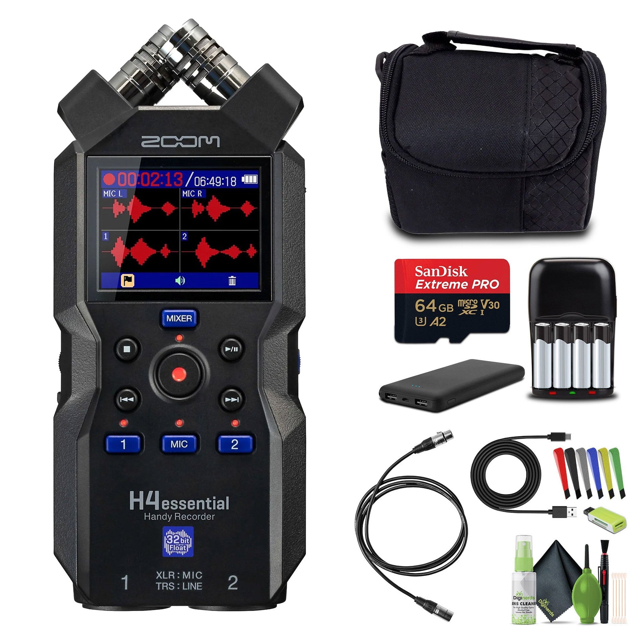 Zoom H4essential 4-Track 32-Bit Float Portable Audio Recorder Bundle Zoom