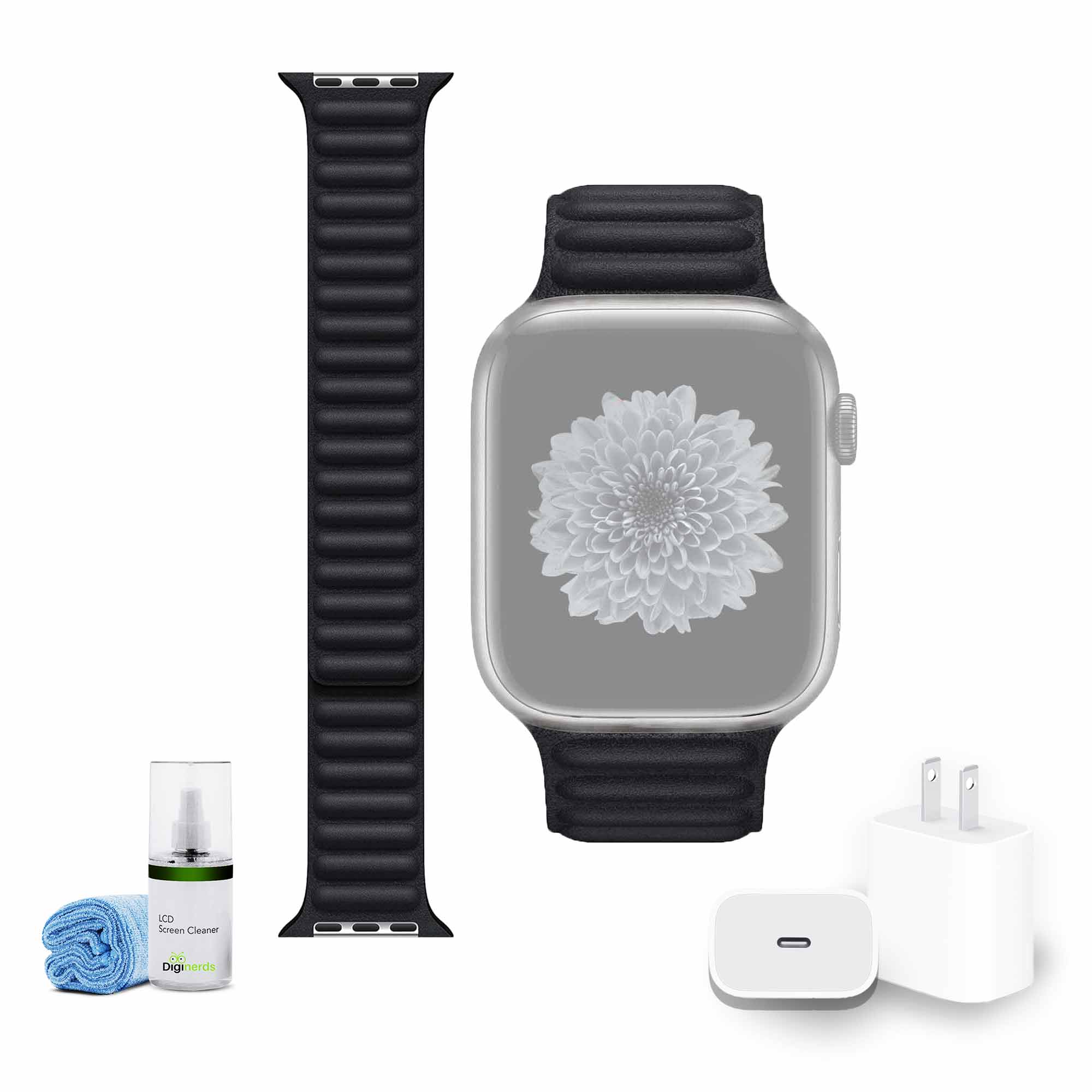 Apple 45mm Leather Watch Band - Midnight S/M with USB-C Charging Block Bundle