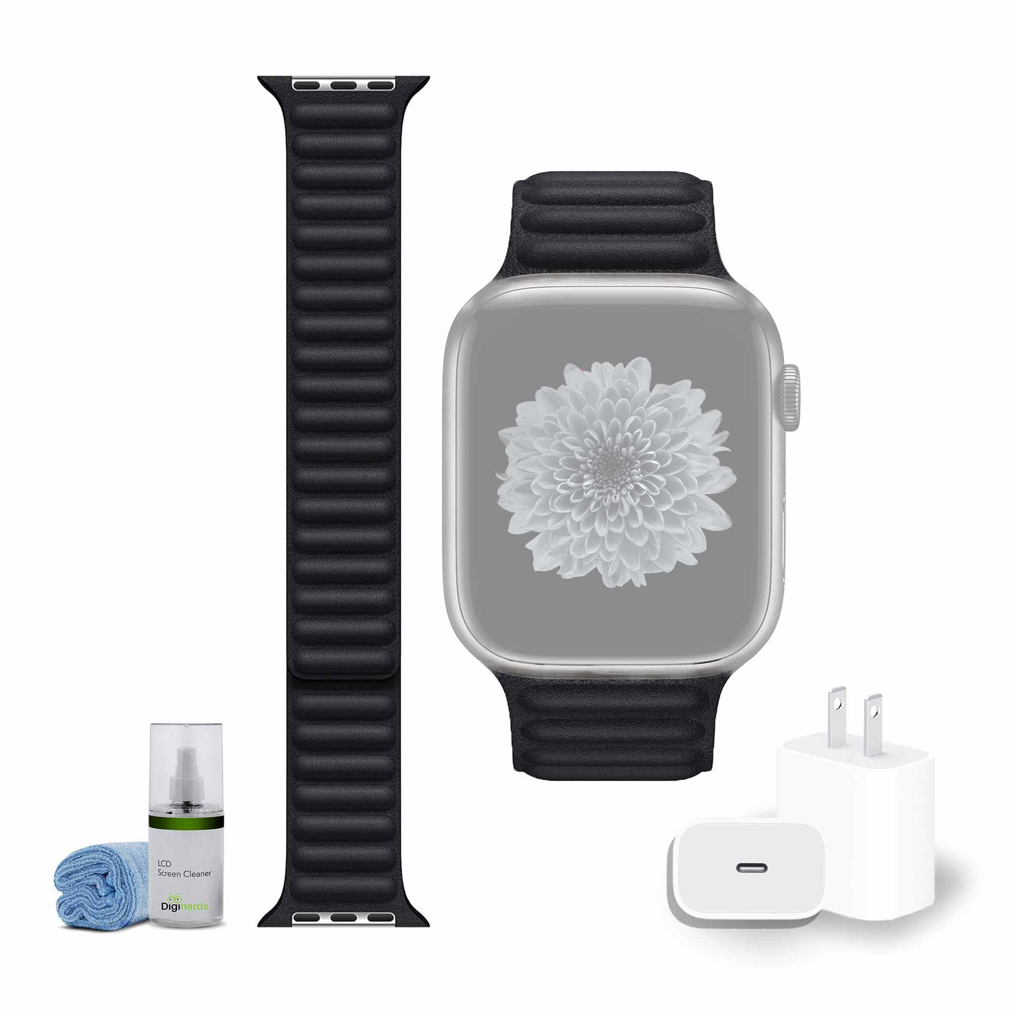 Apple 45mm Leather Watch Band - Midnight M/L with USB-C Charging Block Bundle