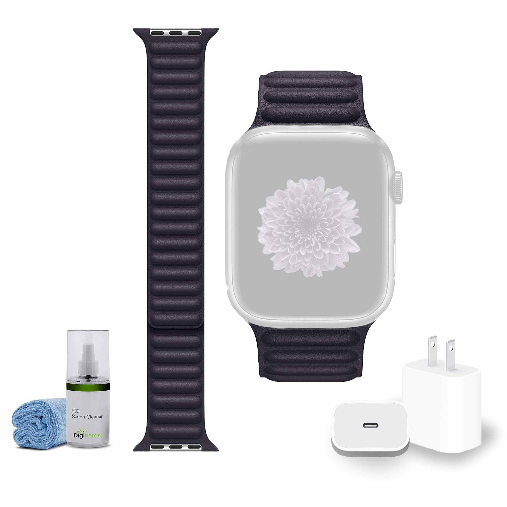 Apple 41mm Leather Watch Band - Ink with USB-C Charging Block Bundle