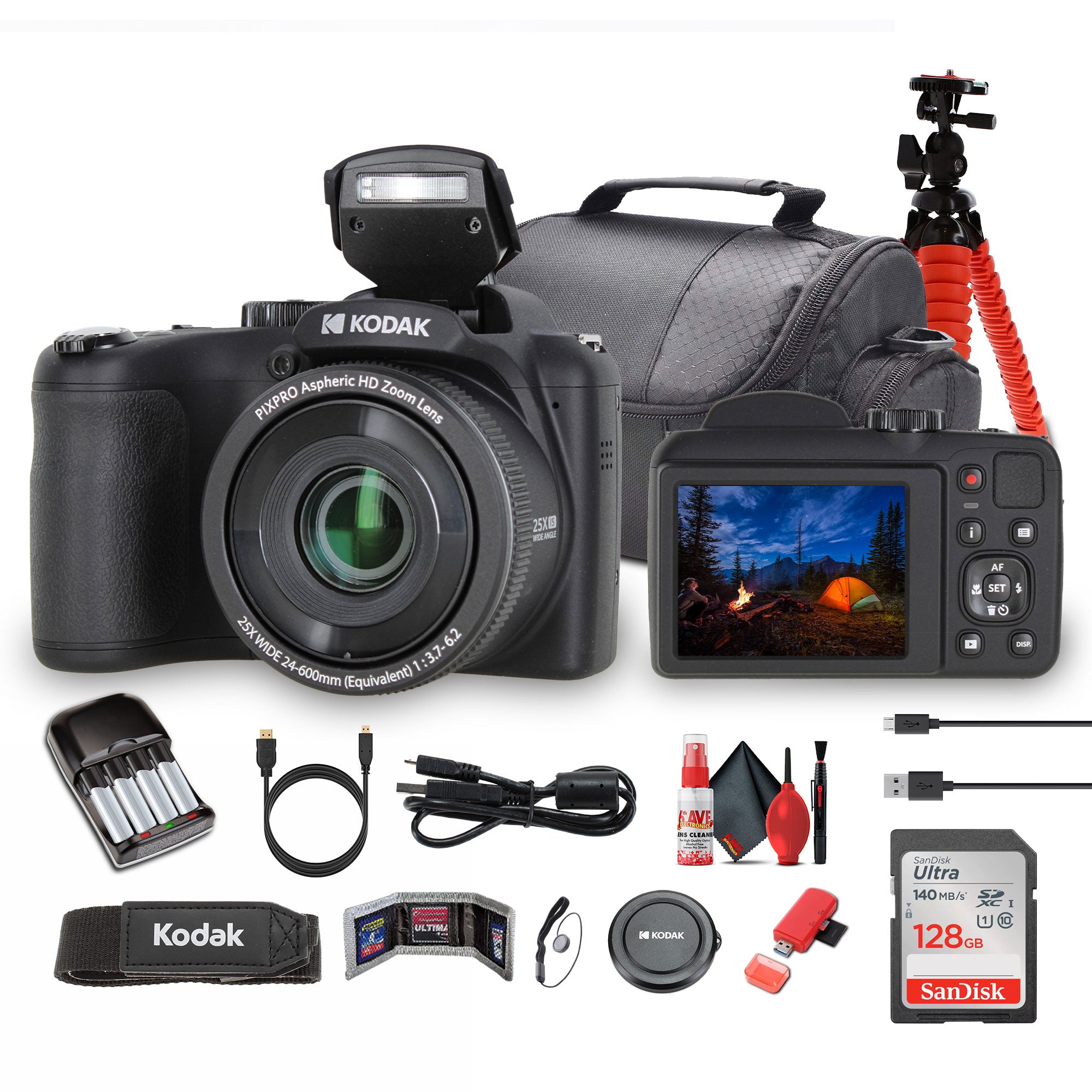 Kodak Pixpro AZ255 Digital Camera in Black AZ255BK Bundle with Accessories