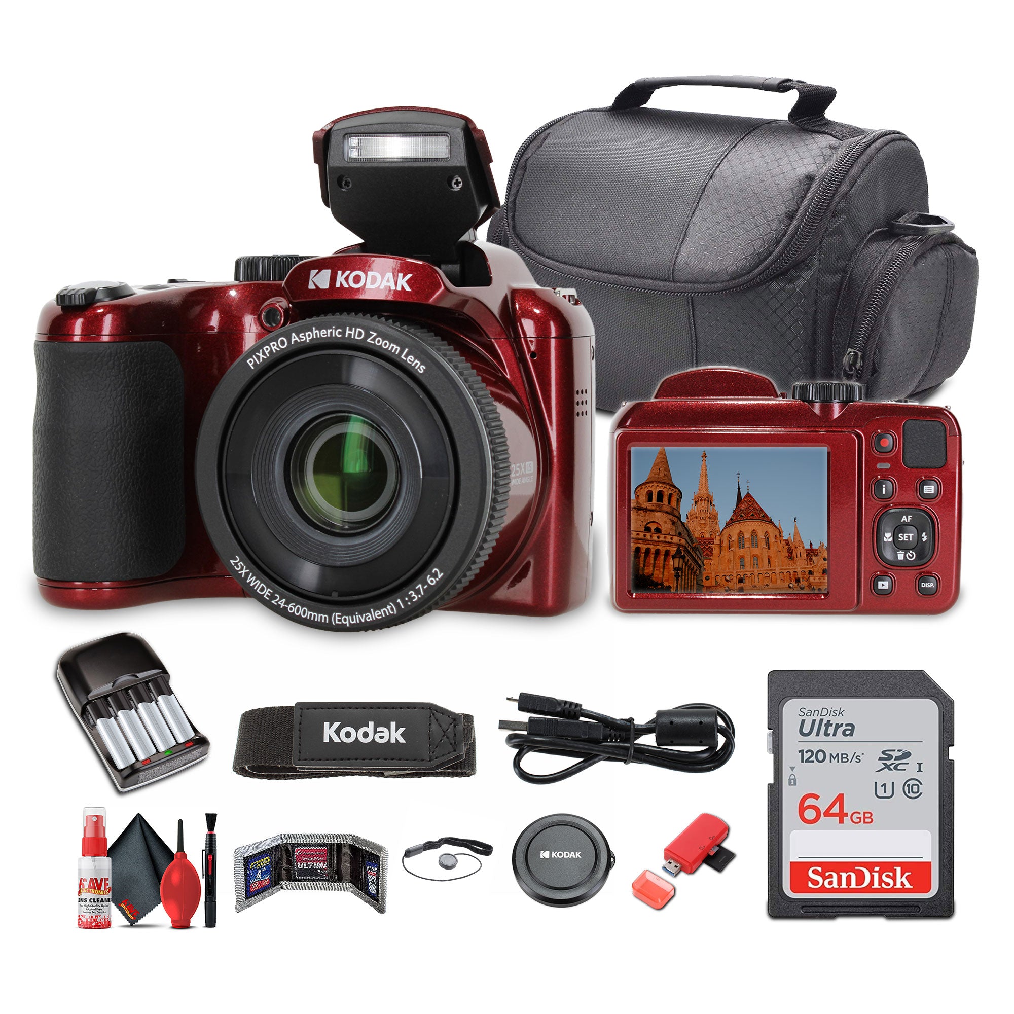 Kodak Pixpro AZ255 Digital Camera in Red AZ255RD Bundle with Accessories