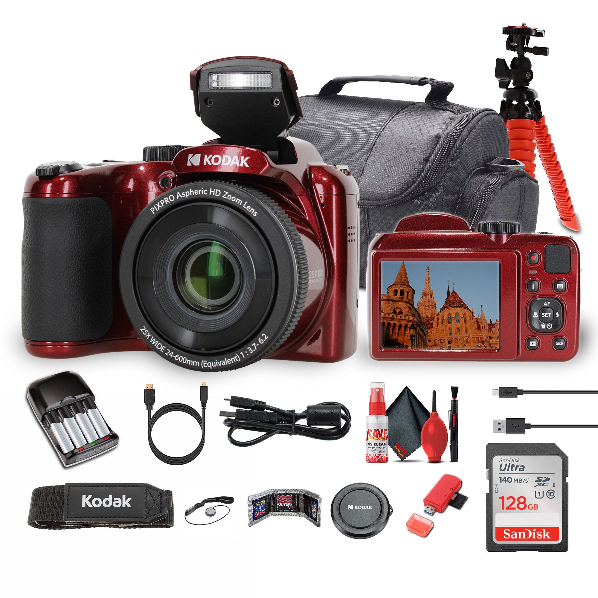 Kodak Pixpro AZ255 Digital Camera in Red AZ255RD Bundle with Accessories