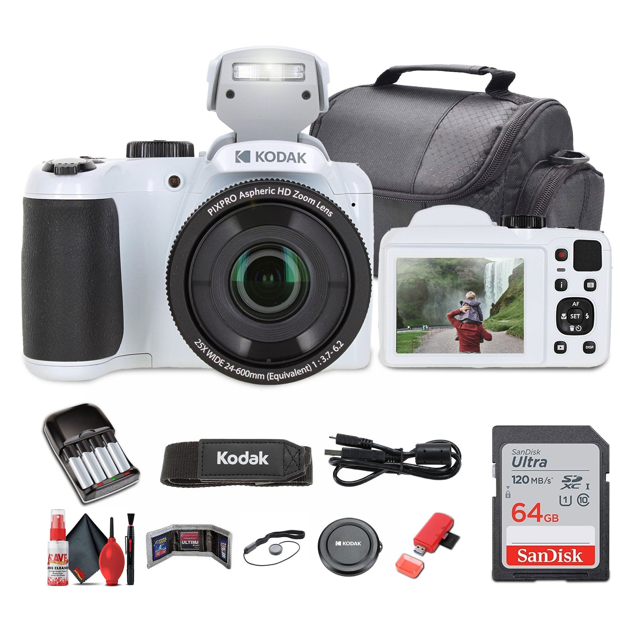 Kodak Pixpro AZ255 Digital Camera in White AZ255WH Bundle with Accessories