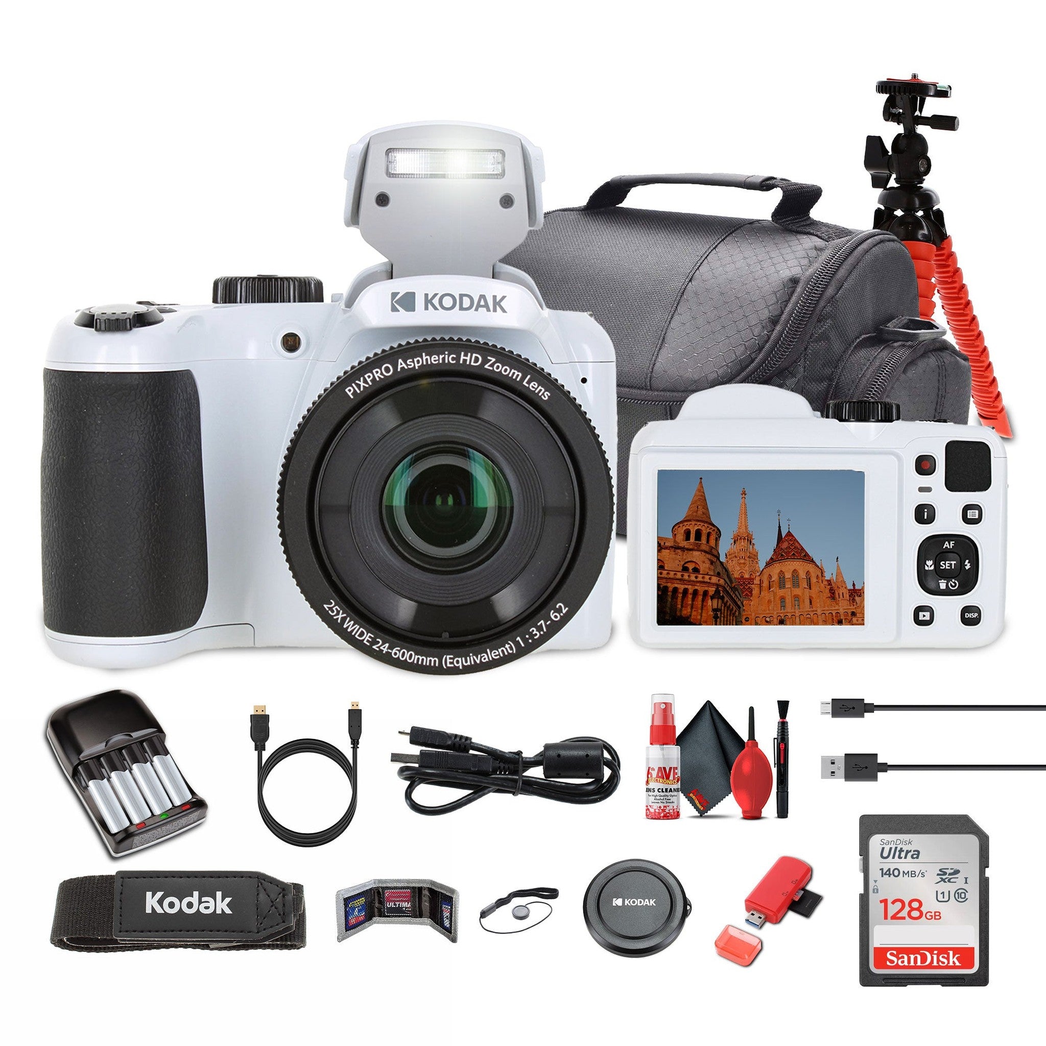 Kodak Pixpro AZ255 Digital Camera in White AZ255WH Bundle with Accessories