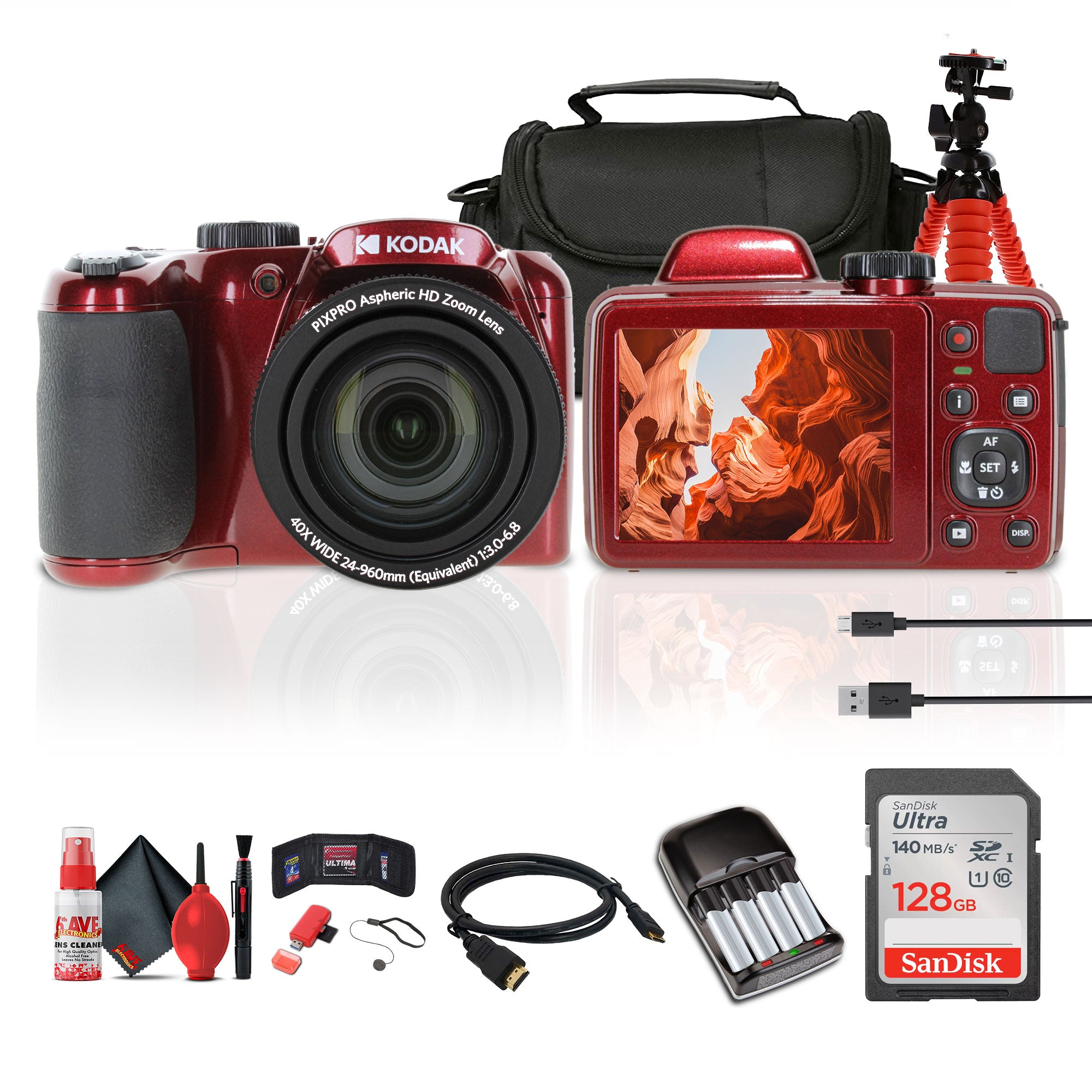 Kodak Pixpro AZ405 Digital Camera, Red (AZ405RD) Bundle with Accessories