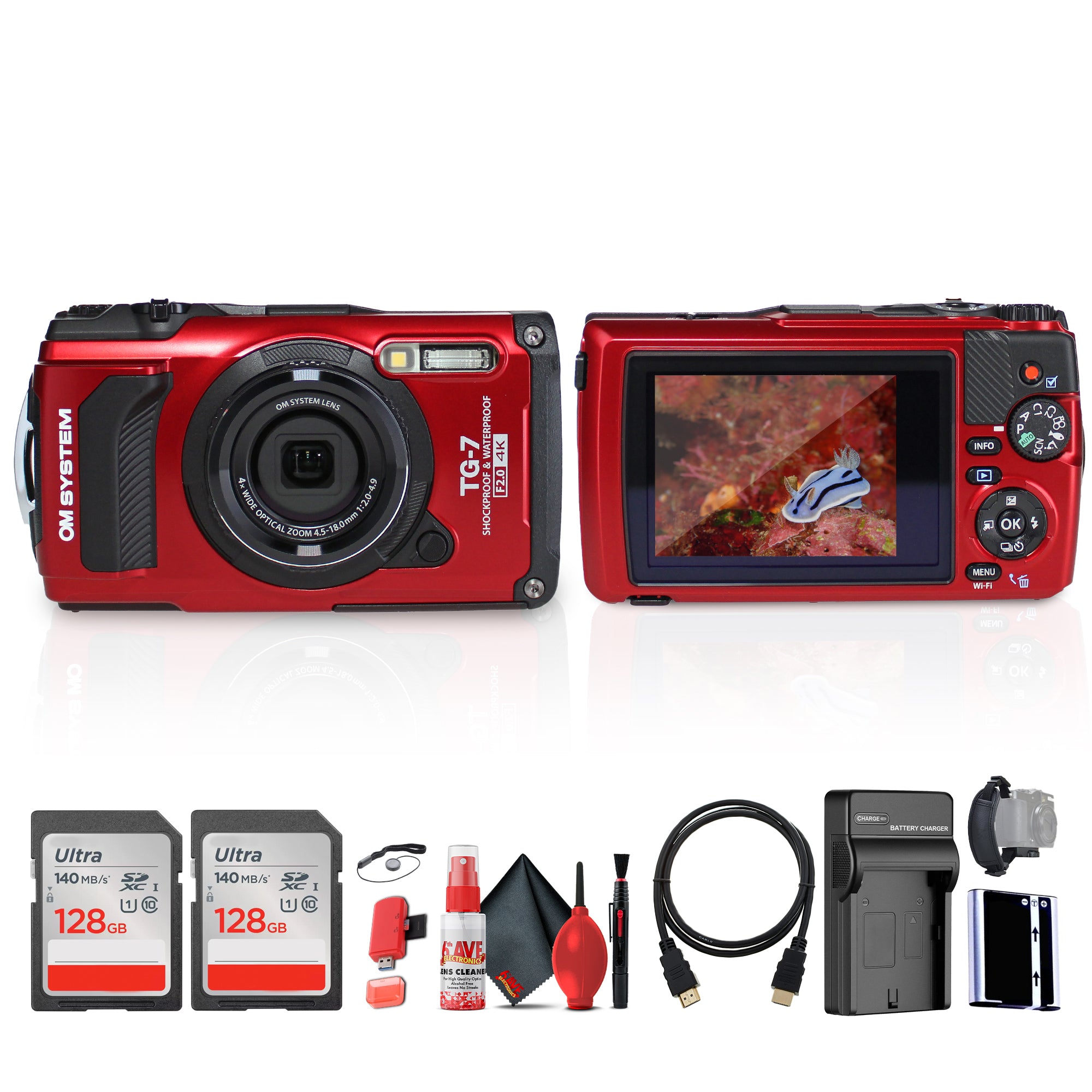 OM SYSTEM Tough TG-7 Digital Camera Red Bundle