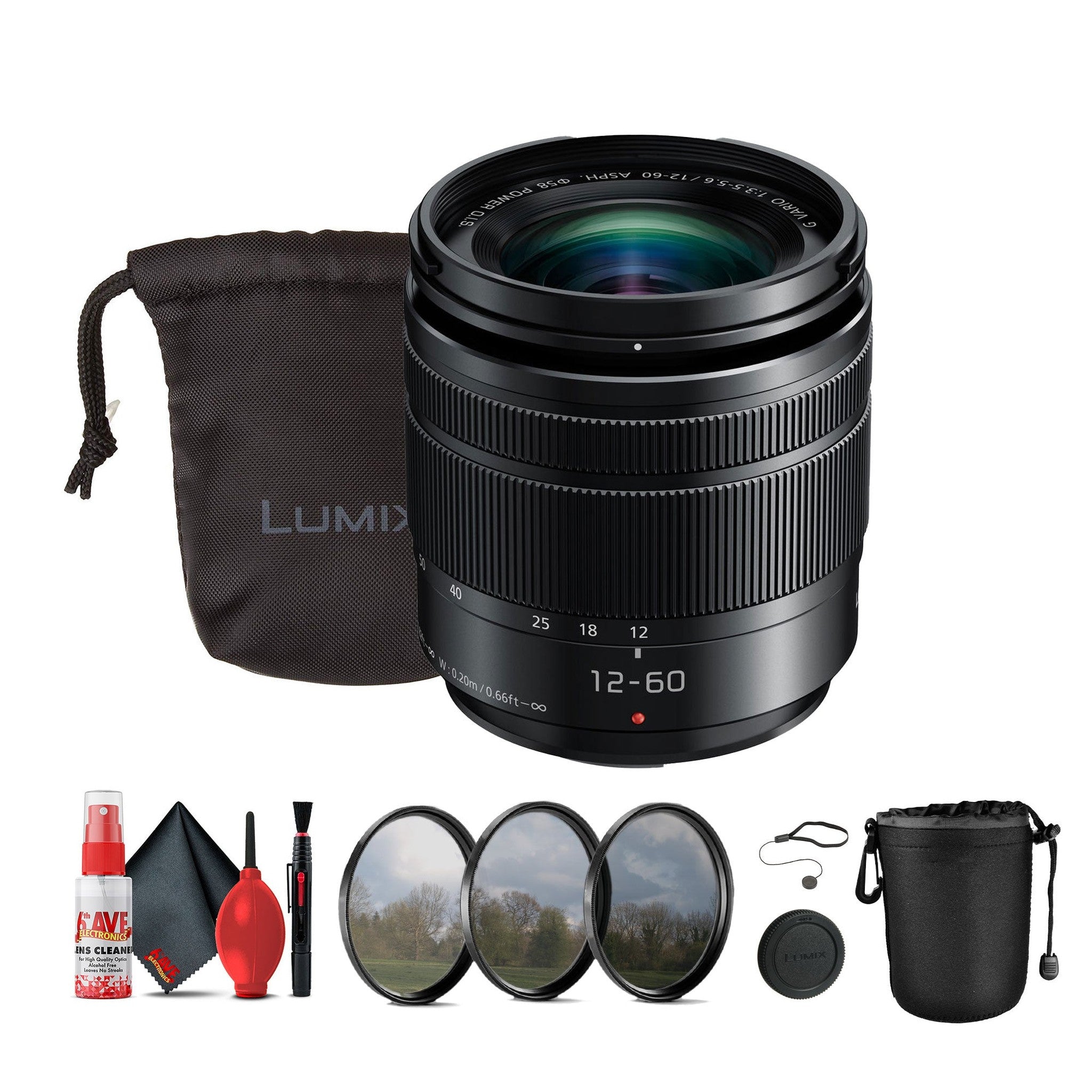 Panasonic Lumix G Vario 12-60mm f/3.5-5.6 Lens Bundle with Accessories - Reconditioned Panasonic