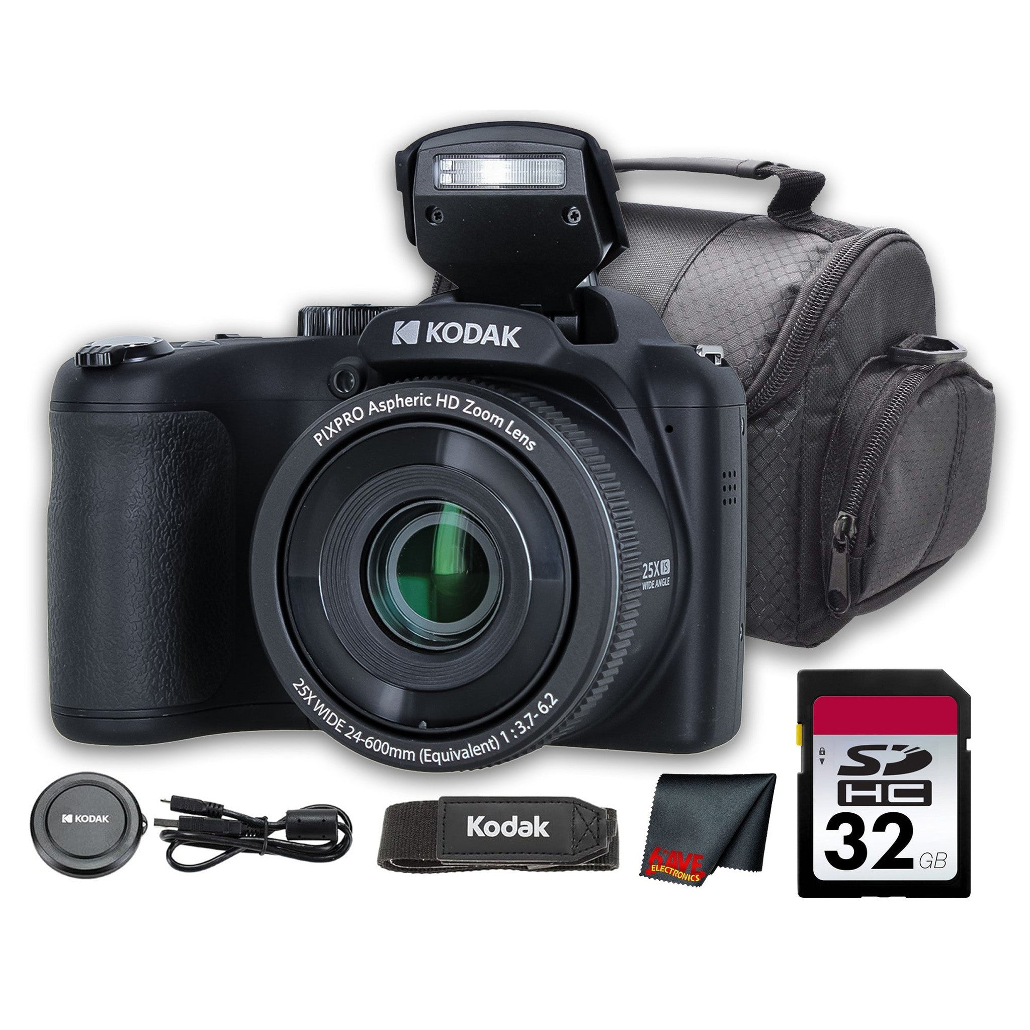 Kodak PIXPRO AZ255 Digital Camera Black AZ255BK + 32GB Card + Bag + Cloth
