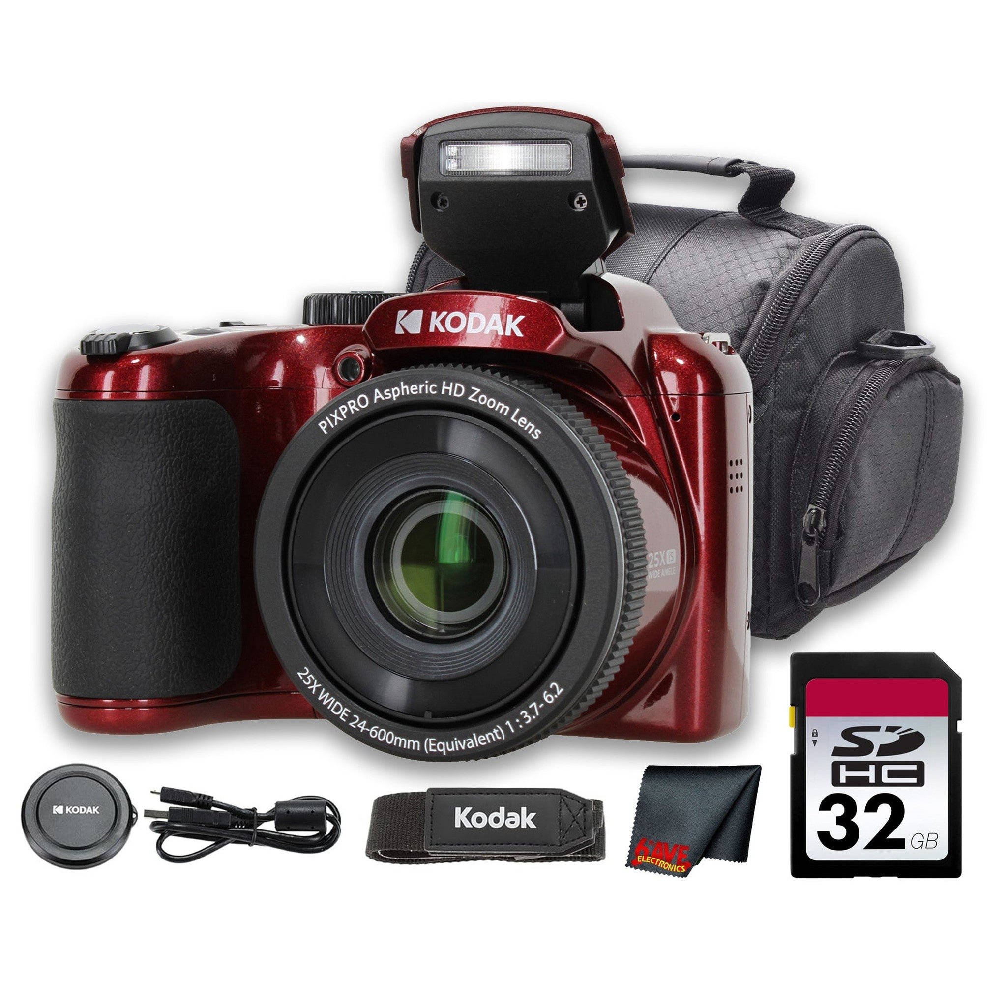 Kodak PIXPRO AZ255 Digital Camera Red AZ255RD + 32GB Card + Bag + Cloth