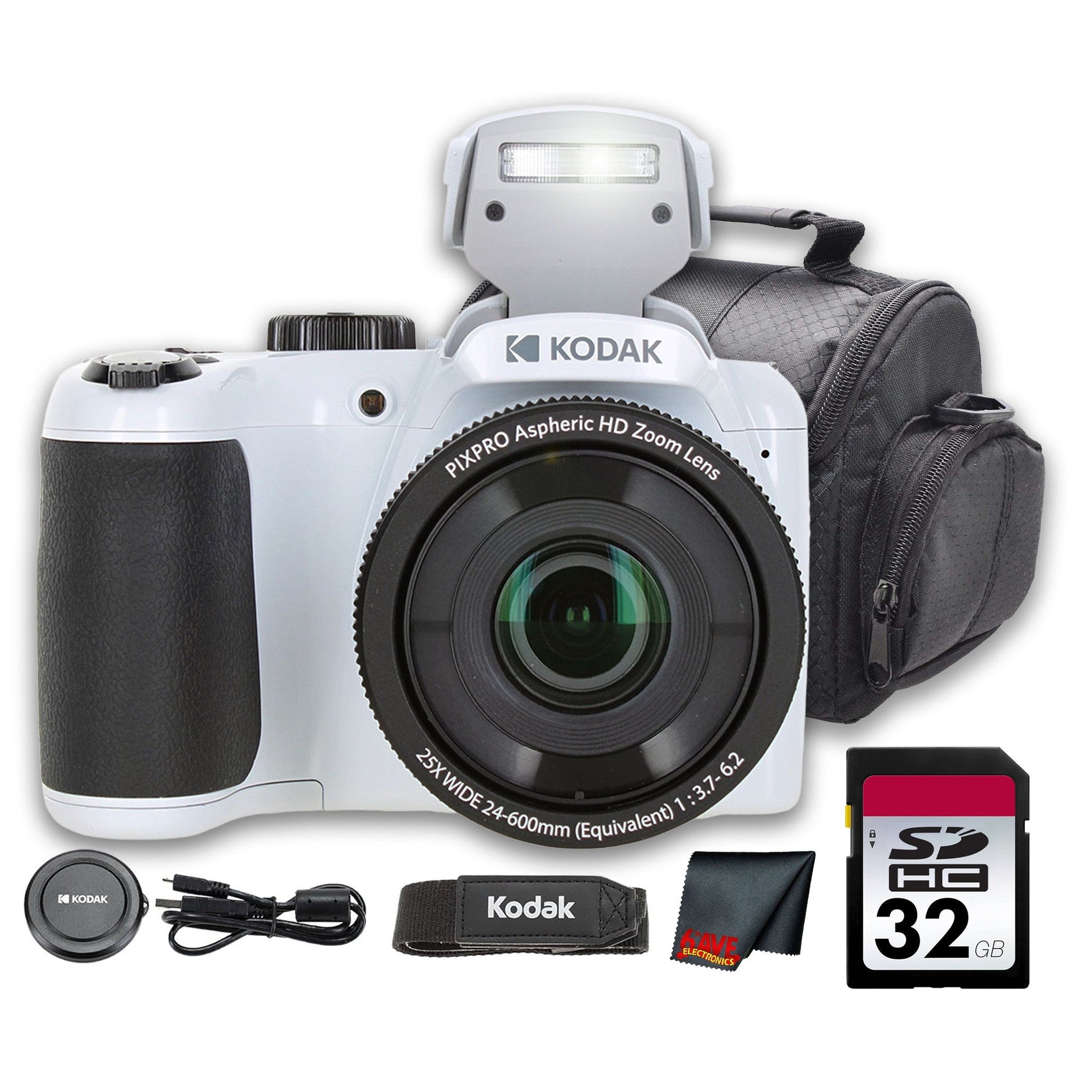 Kodak PIXPRO AZ255 Digital Camera White AZ255WH + 32GB Card + Bag + Cloth
