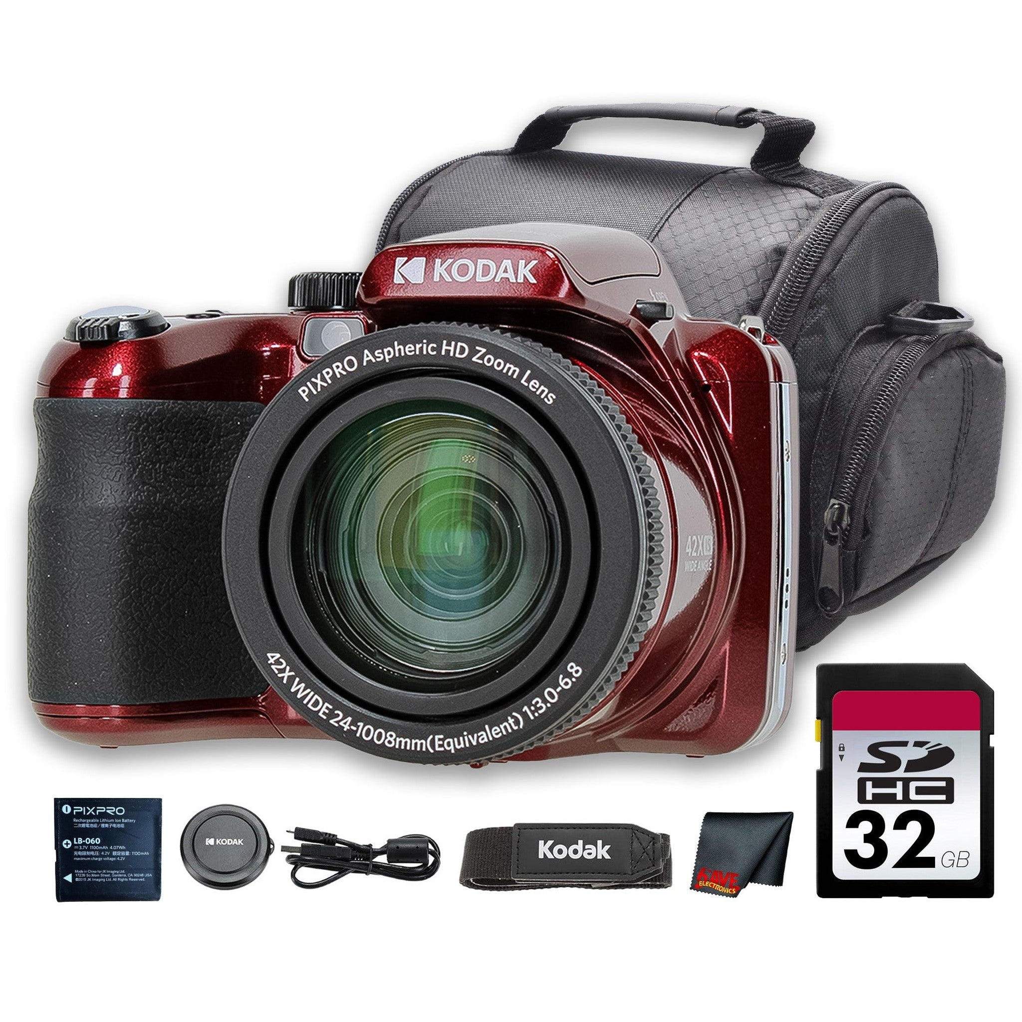 Kodak PIXPRO AZ425 Digital Camera Red AZ425RD + 32GB Card + Bag + Cloth