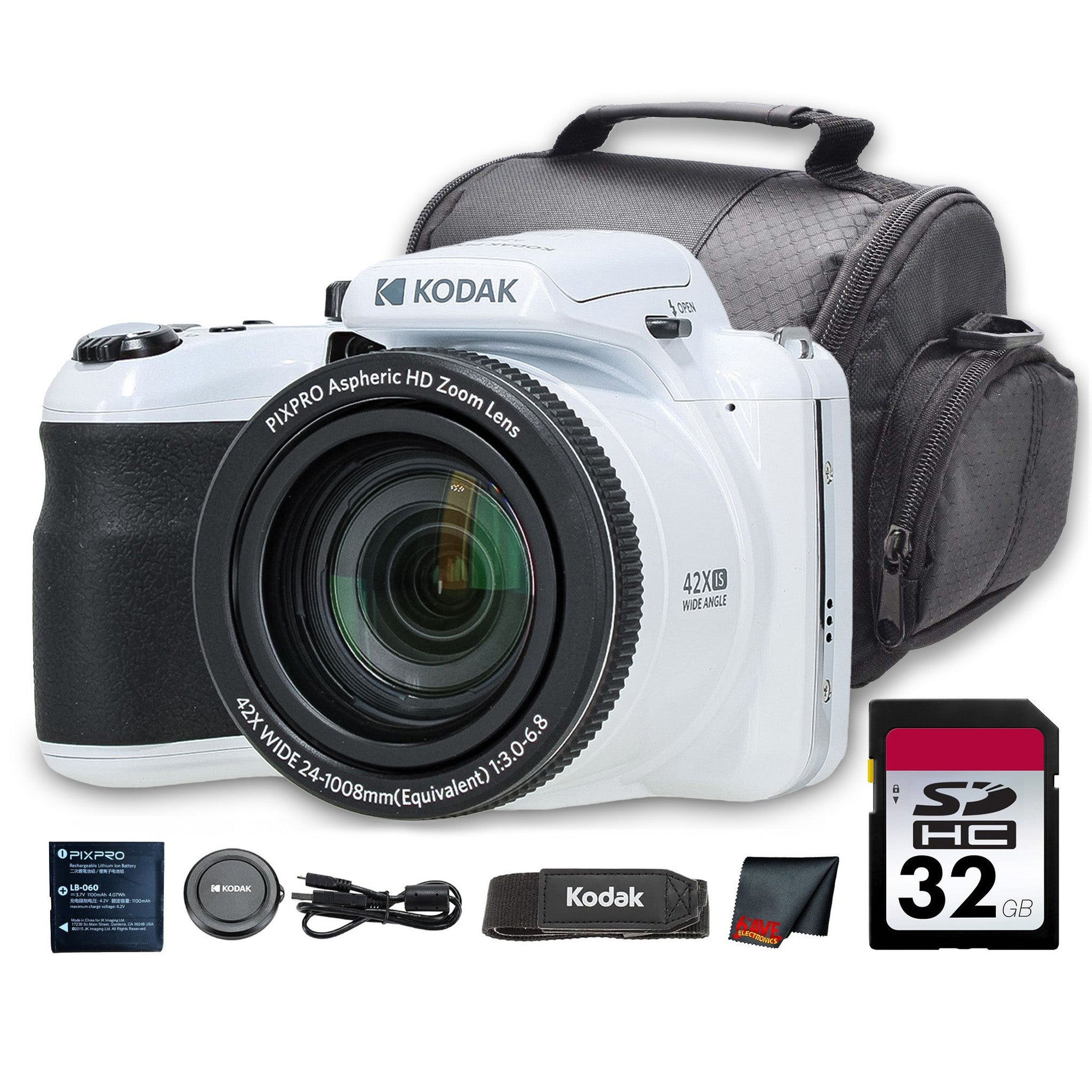 Kodak PIXPRO AZ425 Digital Camera White AZ425WH + 32GB Card + Bag + Cloth
