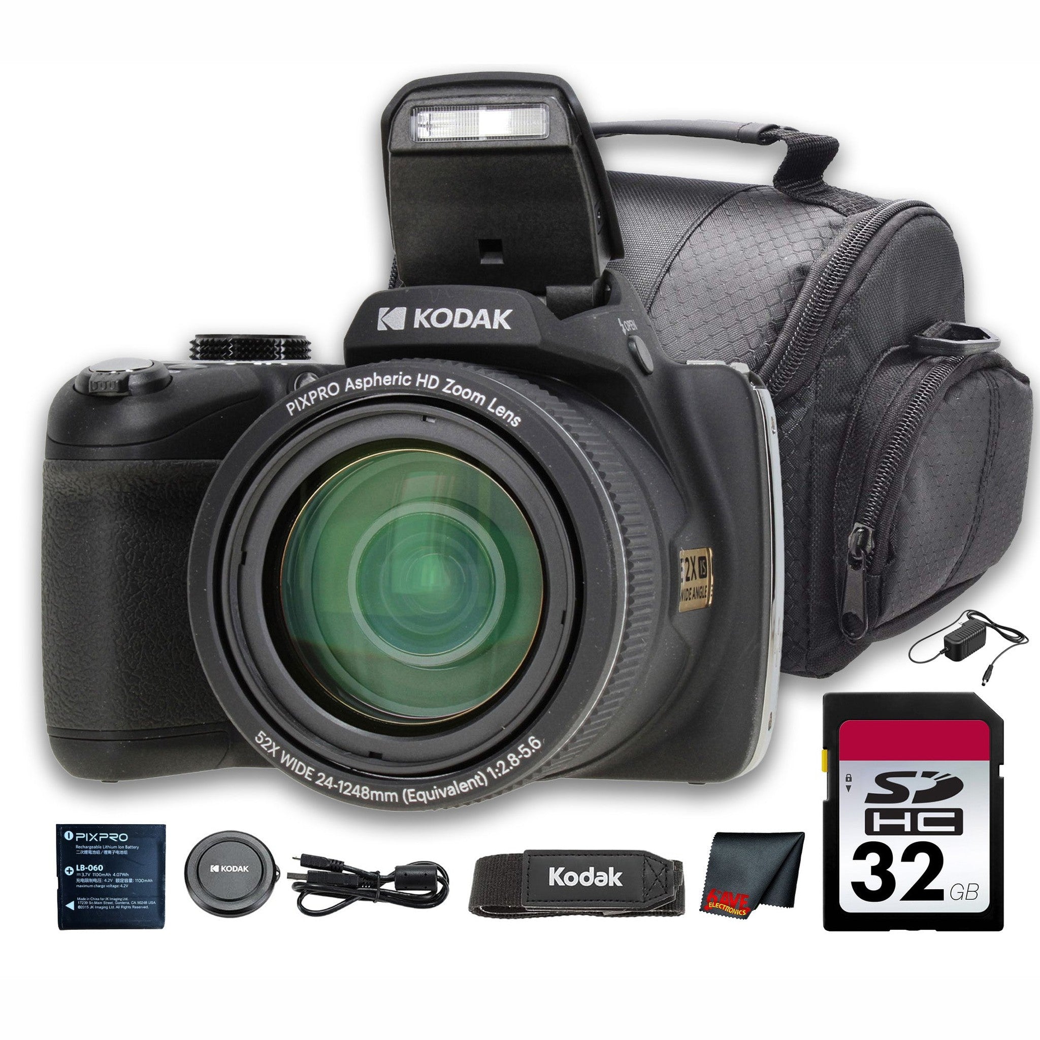 Kodak PIXPRO AZ528 Digital Camera Black AZ528BK + 32GB Card + Bag + Cloth