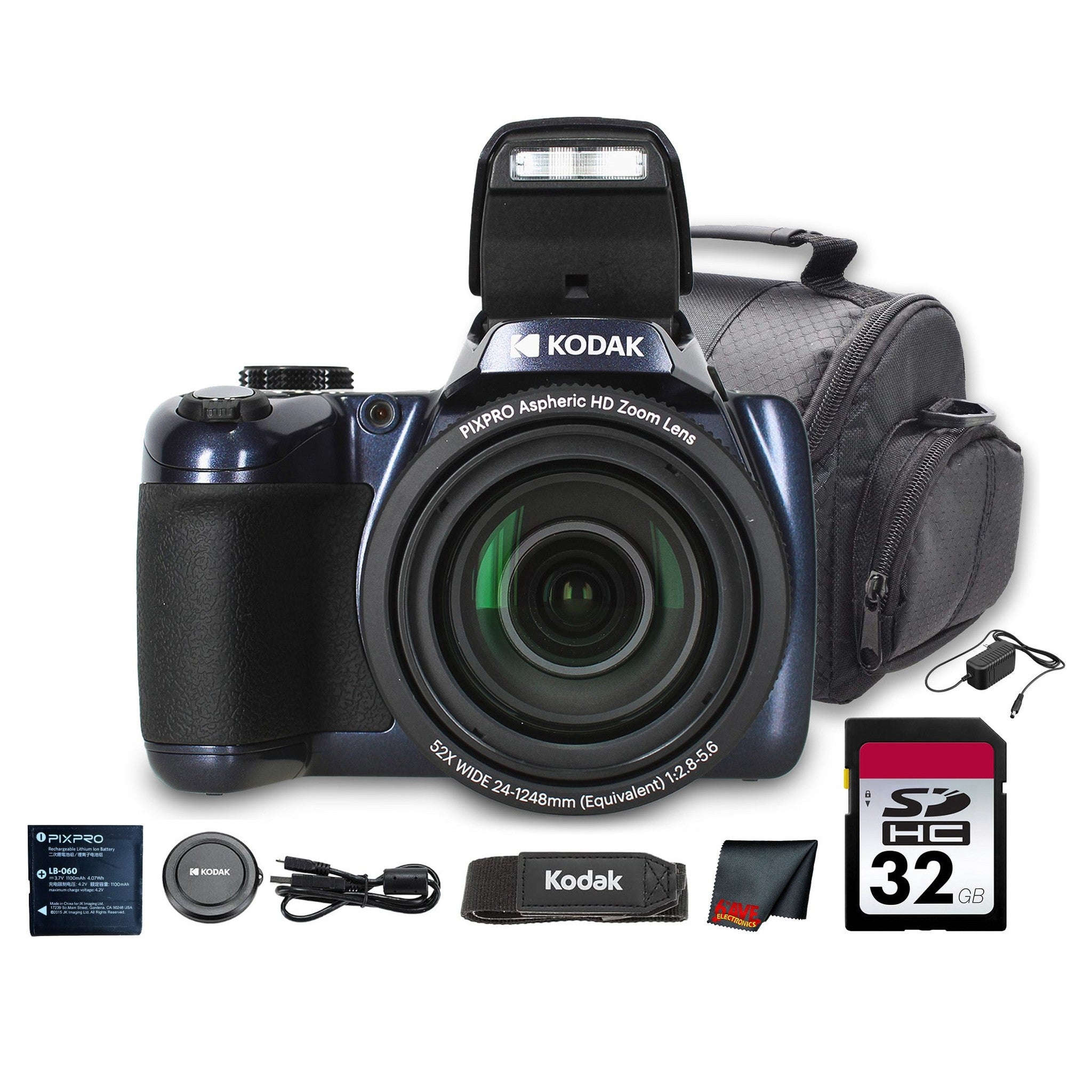 Kodak PIXPRO AZ528 Digital Camera Blue AZ528MB + 32GB Card + Bag + Cloth