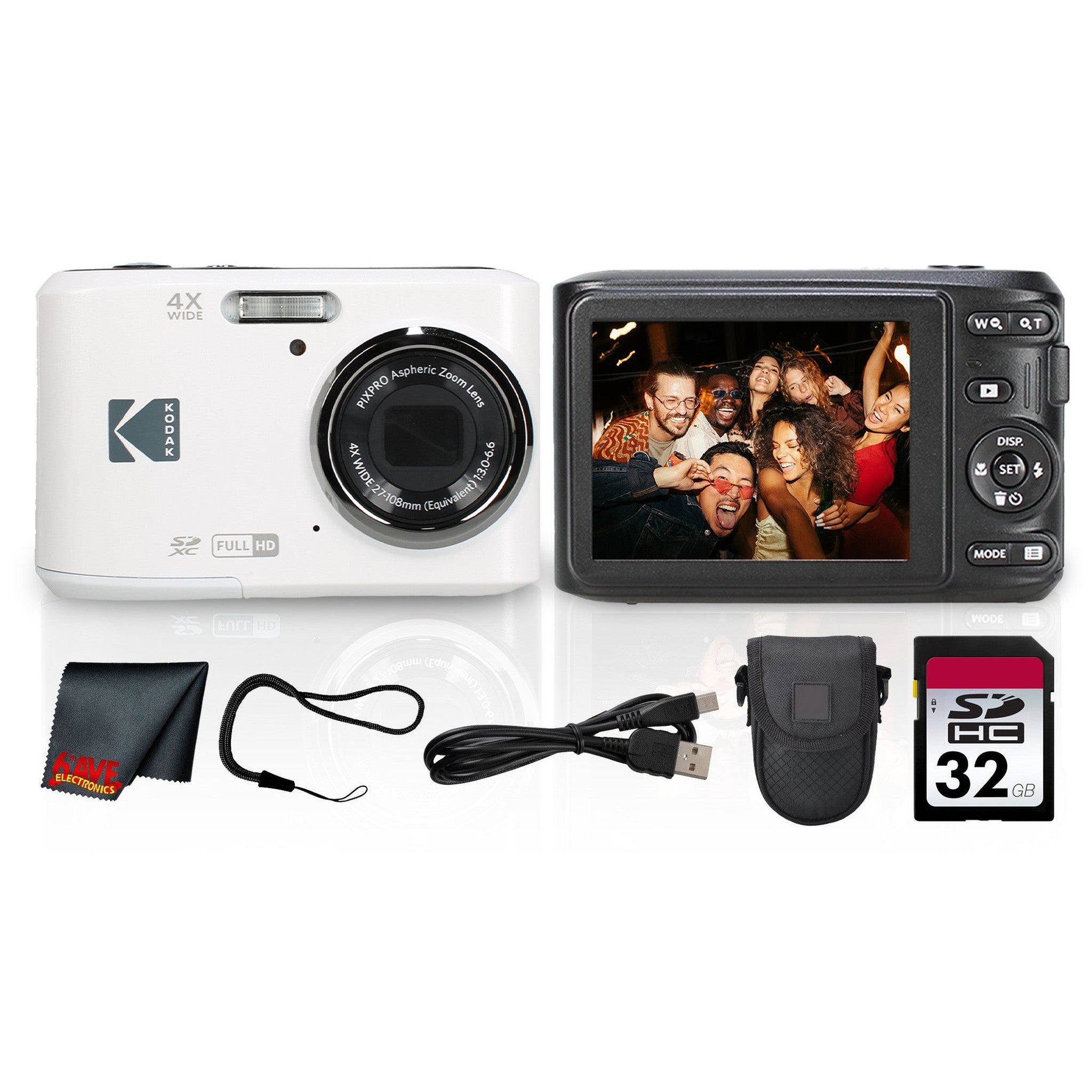 Kodak PIXPRO FZ45 Digital Camera White FZ45WH + 32GB Card + Camera Case + Cleaning Cloth