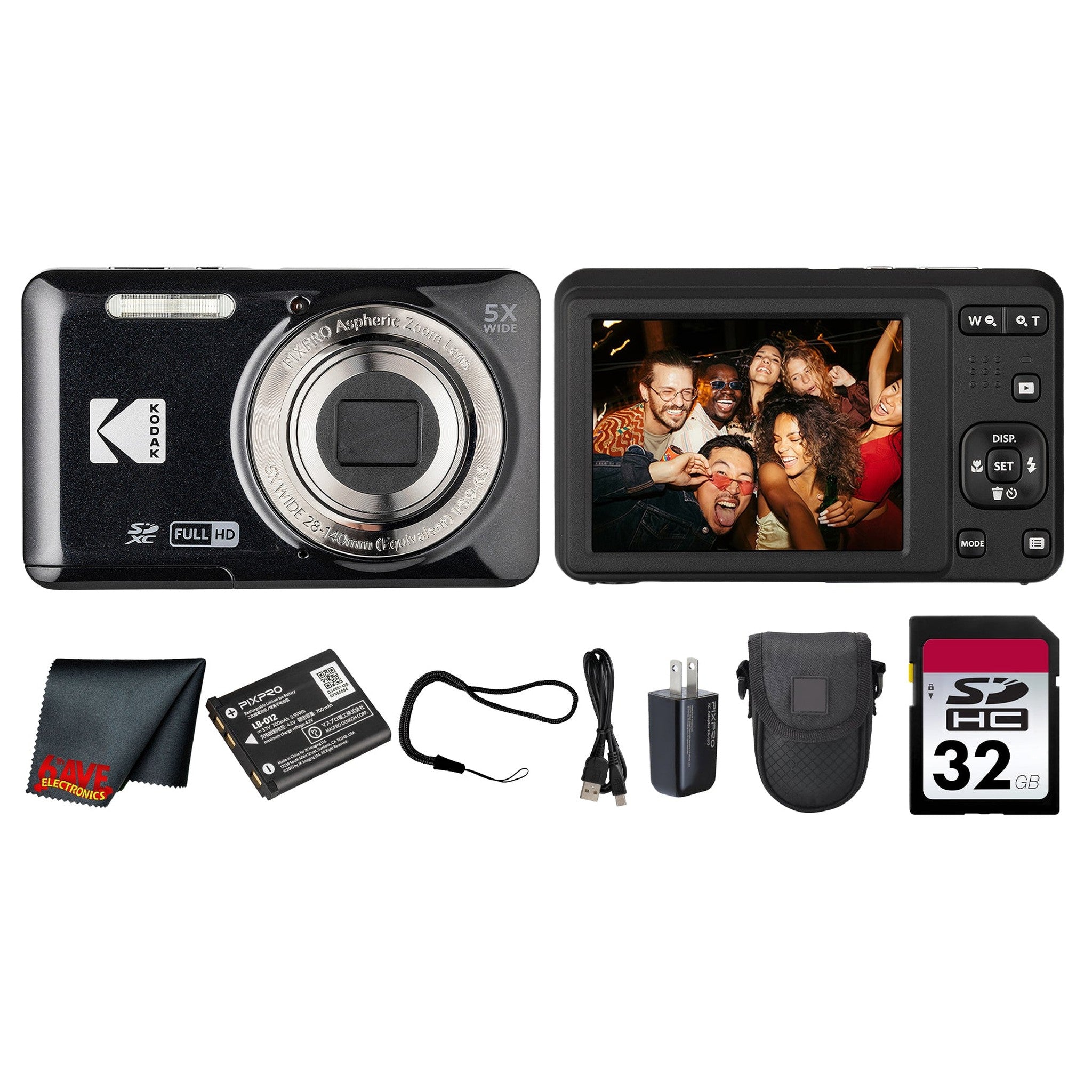Kodak PIXPRO FZ55 Digital Camera Black + 32GB Card + Case + Cleaning Cloth Starter Kit