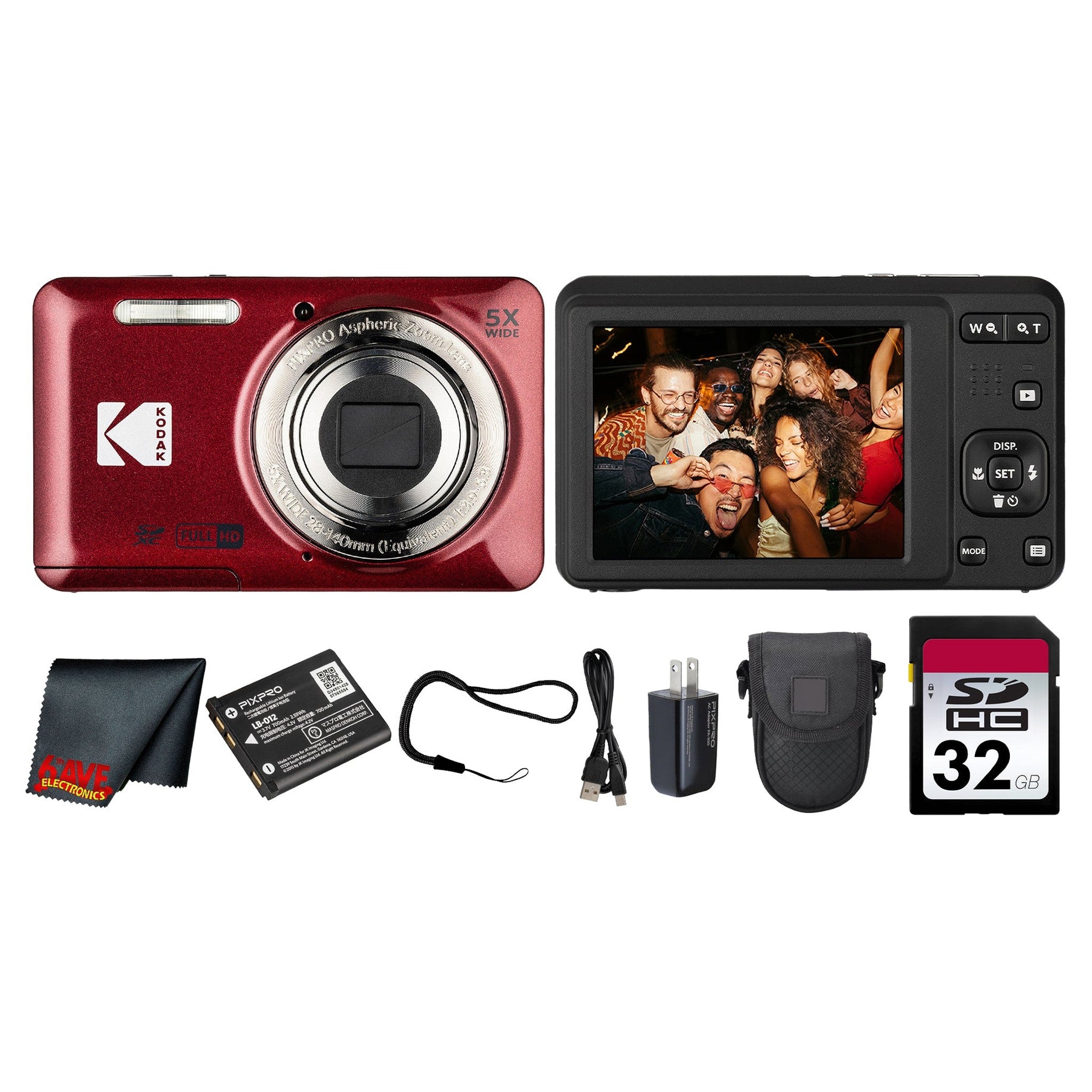 Kodak PIXPRO FZ55 Digital Camera Red FZ55RD + 32GB Card + Case + Cleaning Cloth