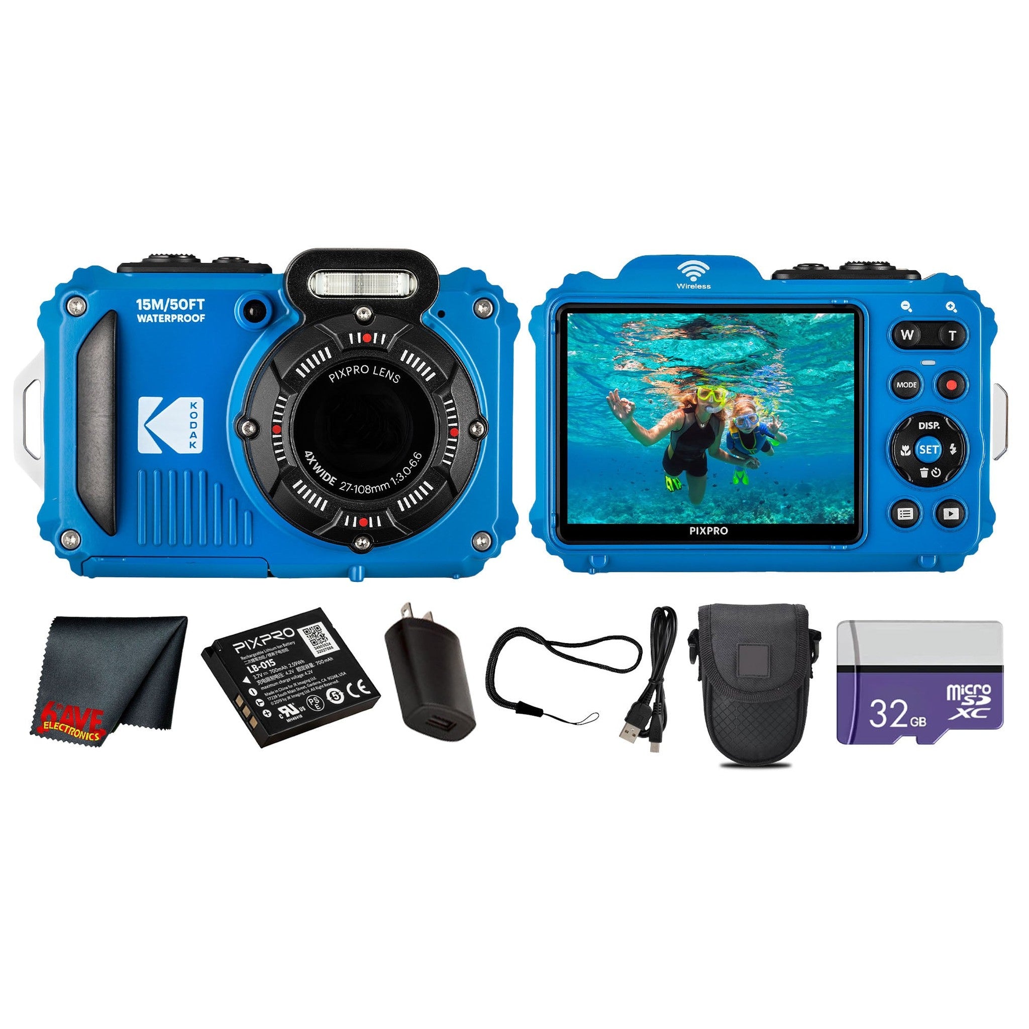 Kodak PIXPRO WPZ2 Digital Camera Blue WPZ2BL + 32GB Card + Case + Cleaning Cloth