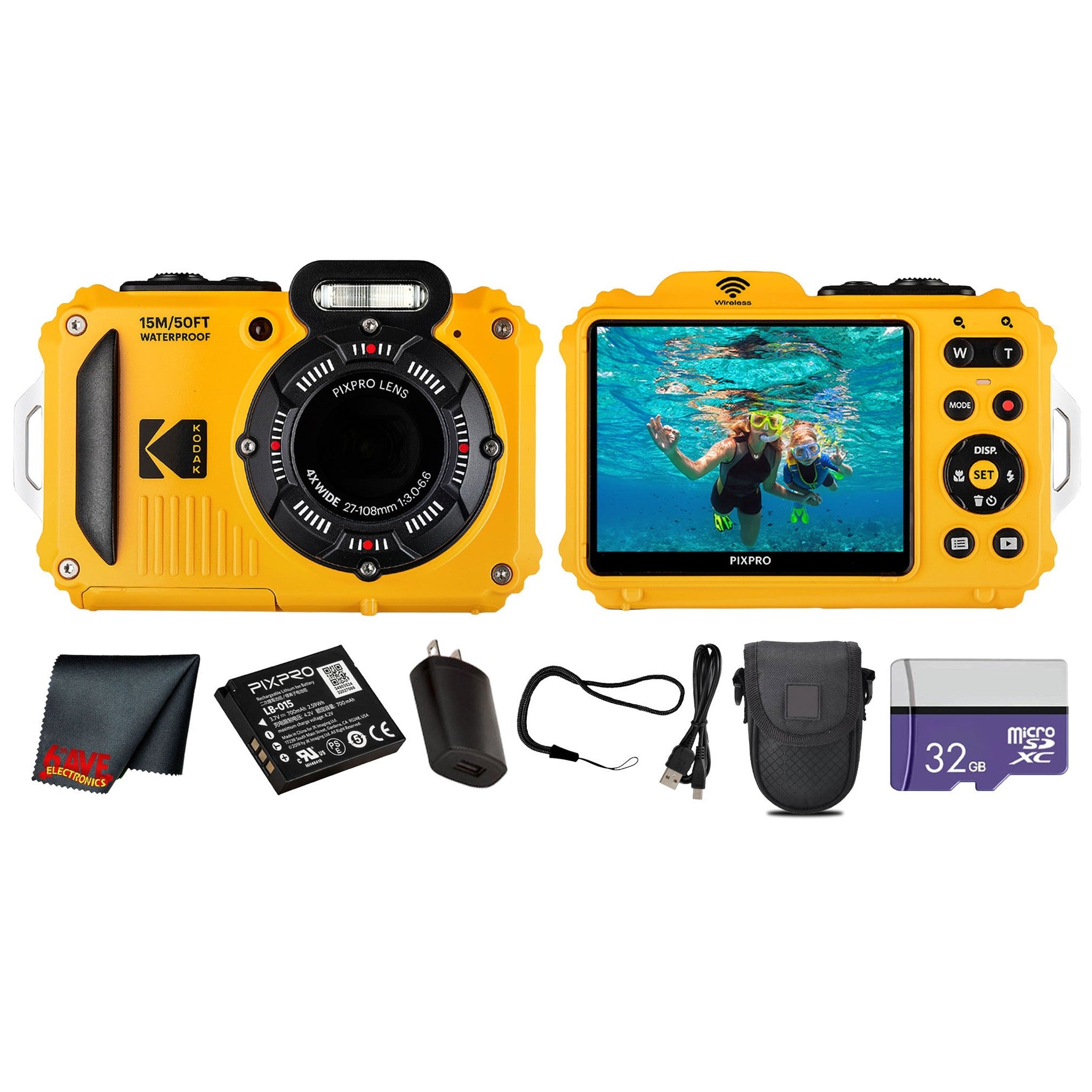 Kodak PIXPRO WPZ2 Digital Camera Yellow WPZ2YL + 32GB Card + Case + Cleaning Cloth