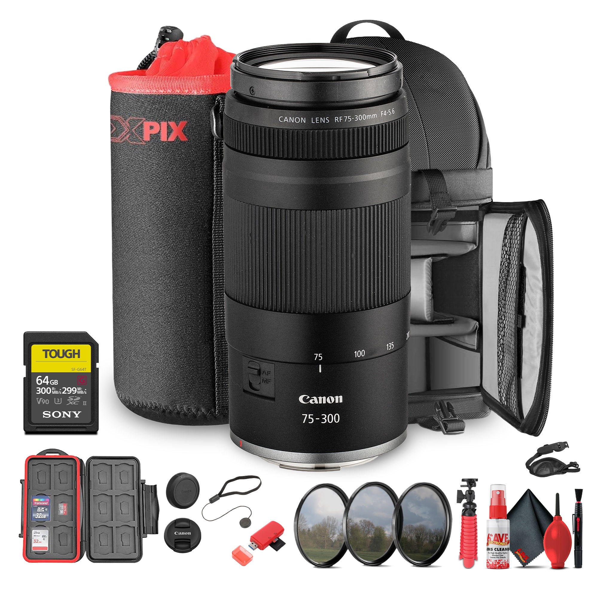 Canon RF 75-300mm F4-5.6 Lens + 58mm 3 PC Filter Kit + Sling Backpack + More Bundle