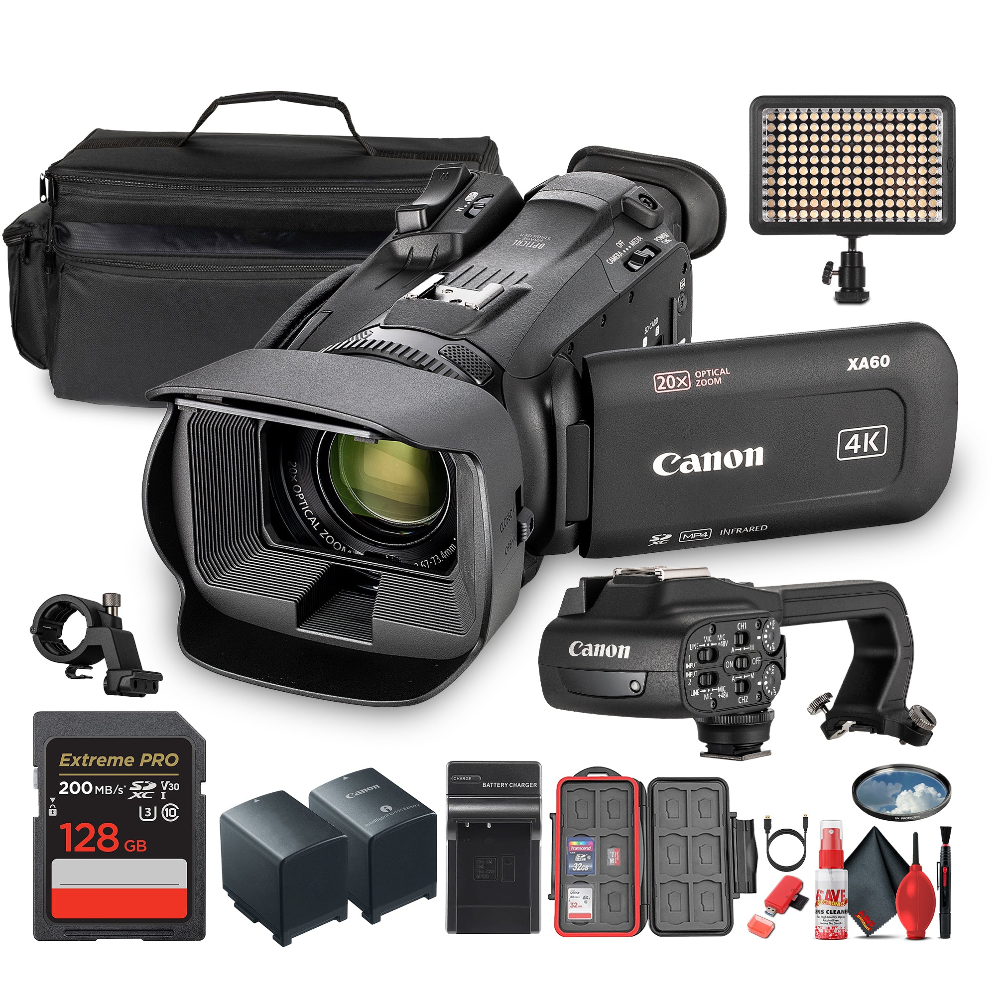 Canon XA60 PAL Professional UHD 4K Camcorder + 128GB SD Card + LED Light + More (Bundle)