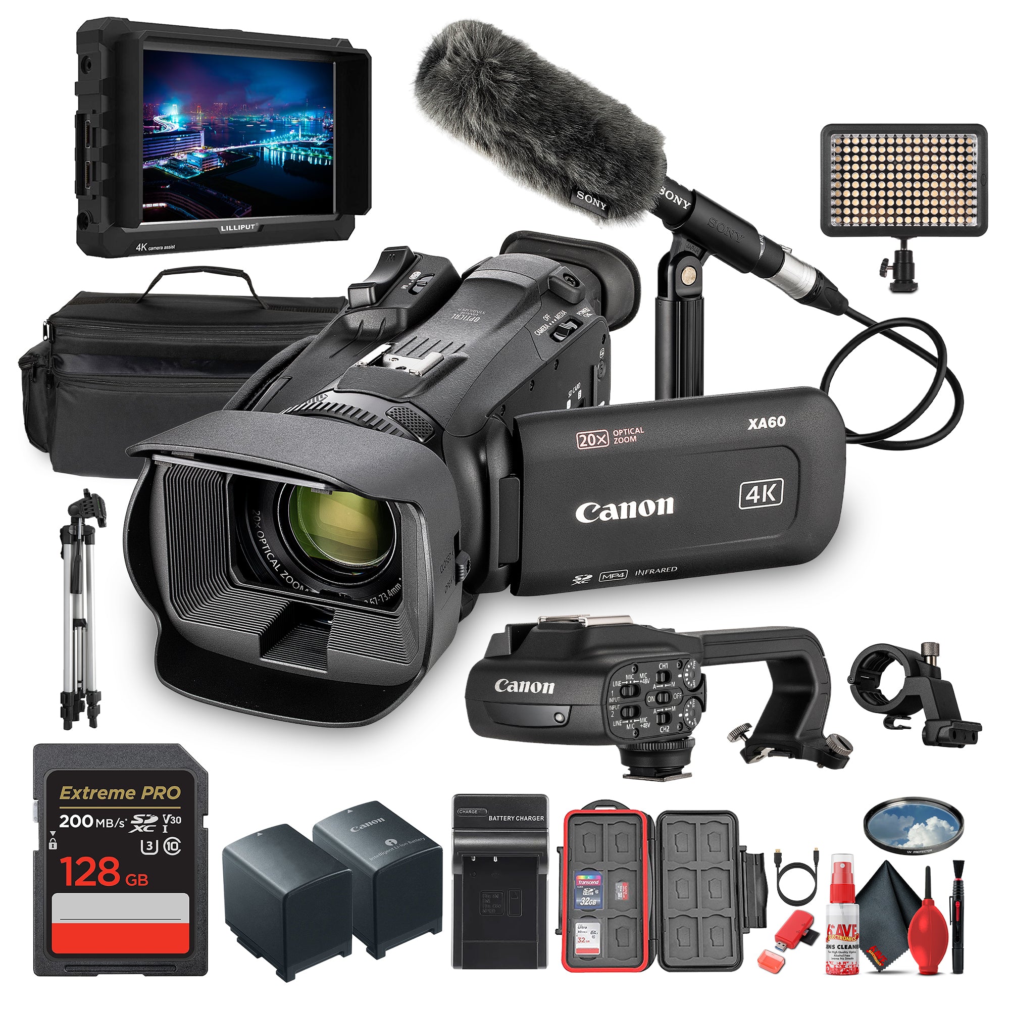Canon XA60 PAL Professional UHD 4K Camcorder + Microphone + 7" Monitor + More (Bundle)
