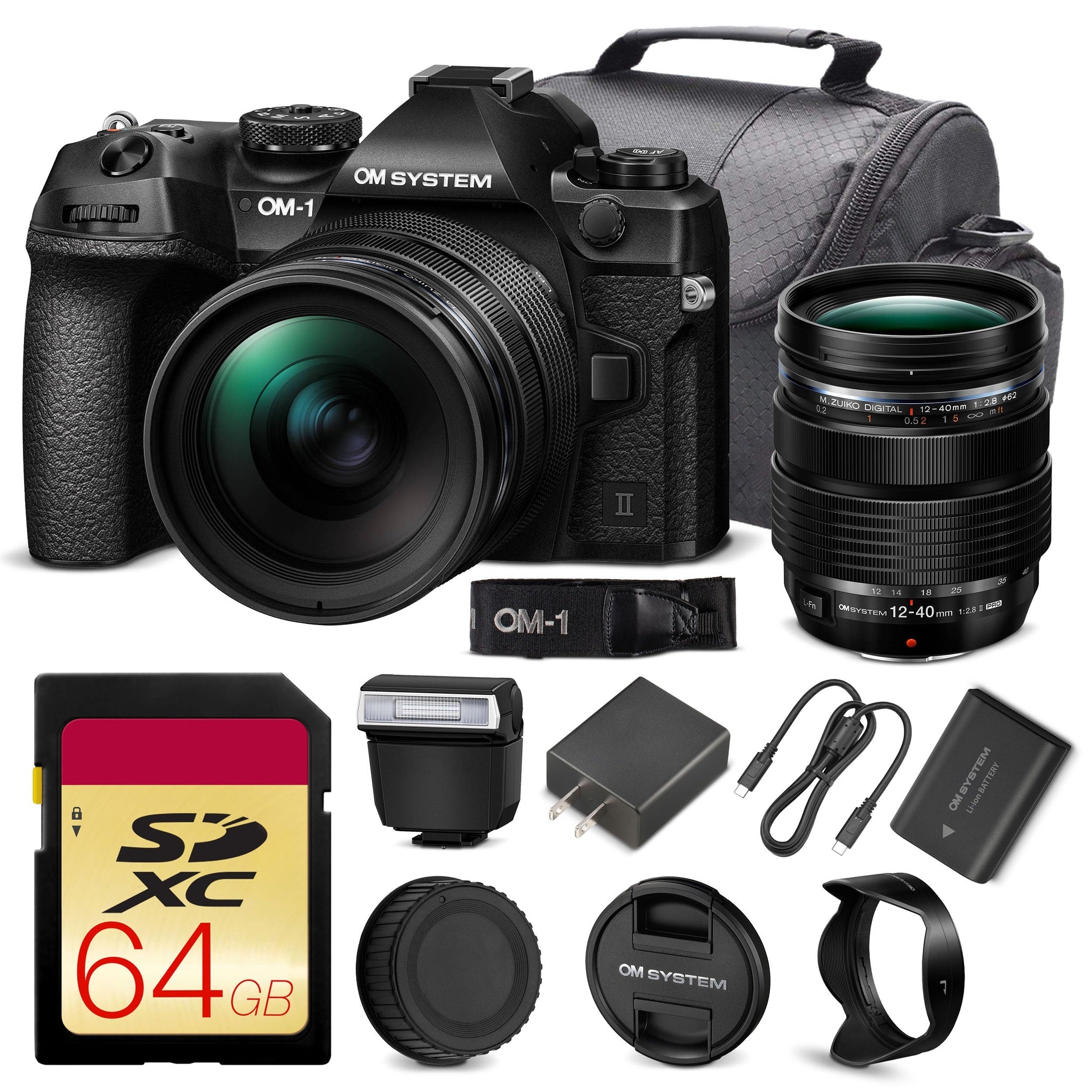 OM SYSTEM OM-1 Mark II Mirrorless Camera with 12-40mm f/2.8 PRO Lens + 64GB Card + Bag