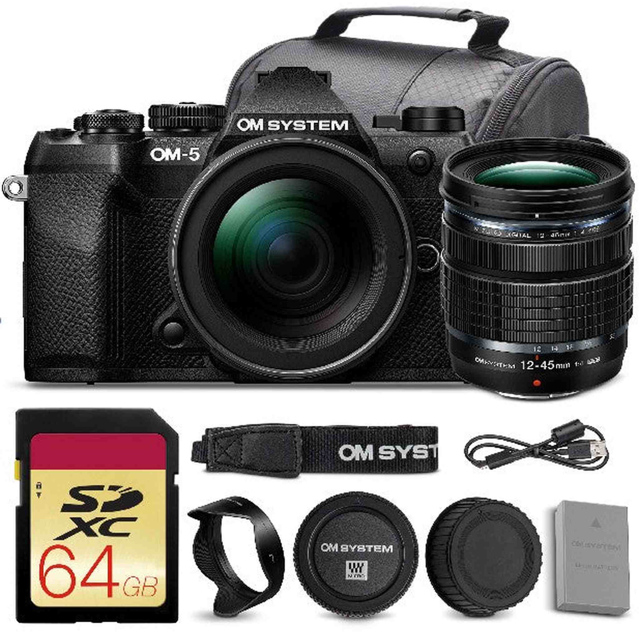 OM SYSTEM OM-5 Mark II Mirrorless Camera with 12-45mm f/4 PRO Lens Bundle + 64GB Card + Bag