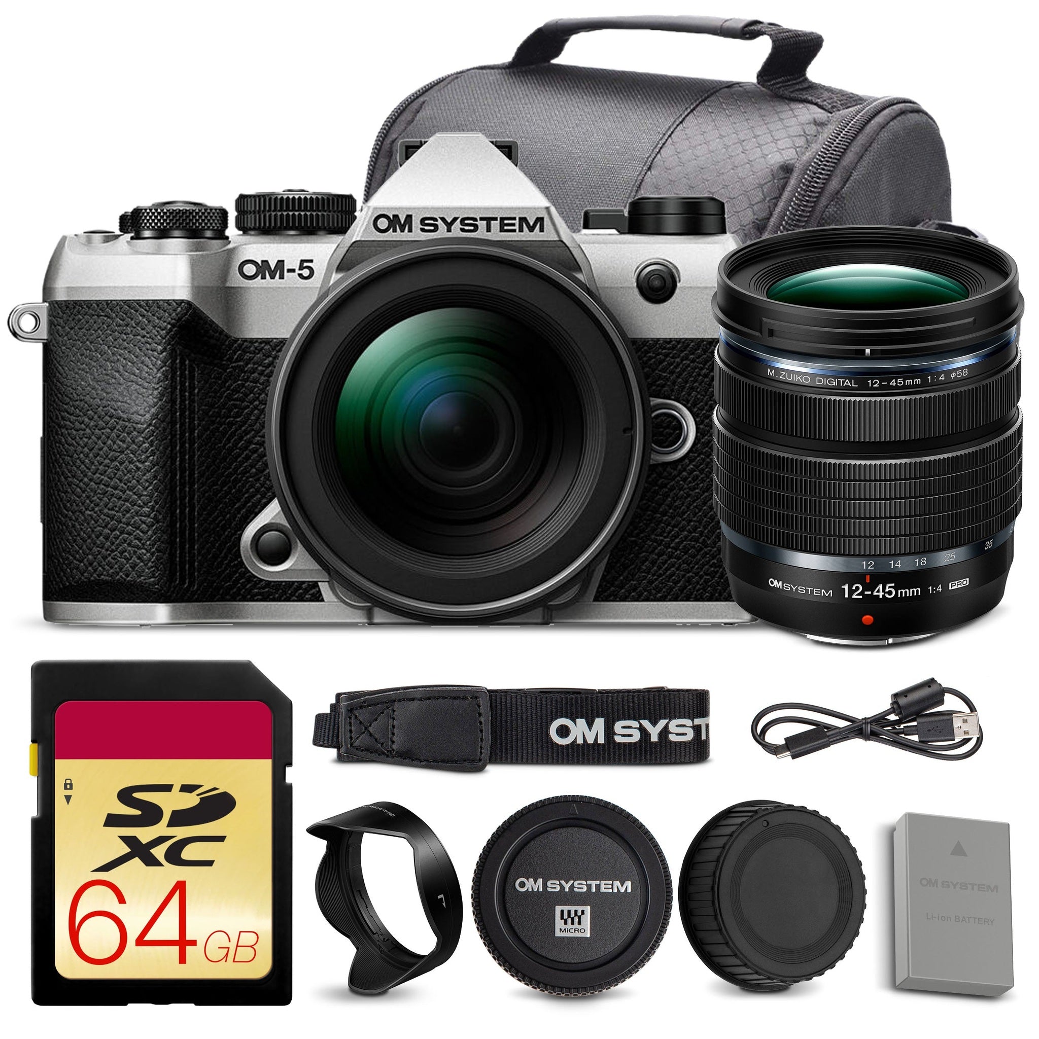 OM SYSTEM OM-5 Mark II Mirrorless Camera with 12-45mm f/4 PRO Lens Bundle + 64GB Card + Bag