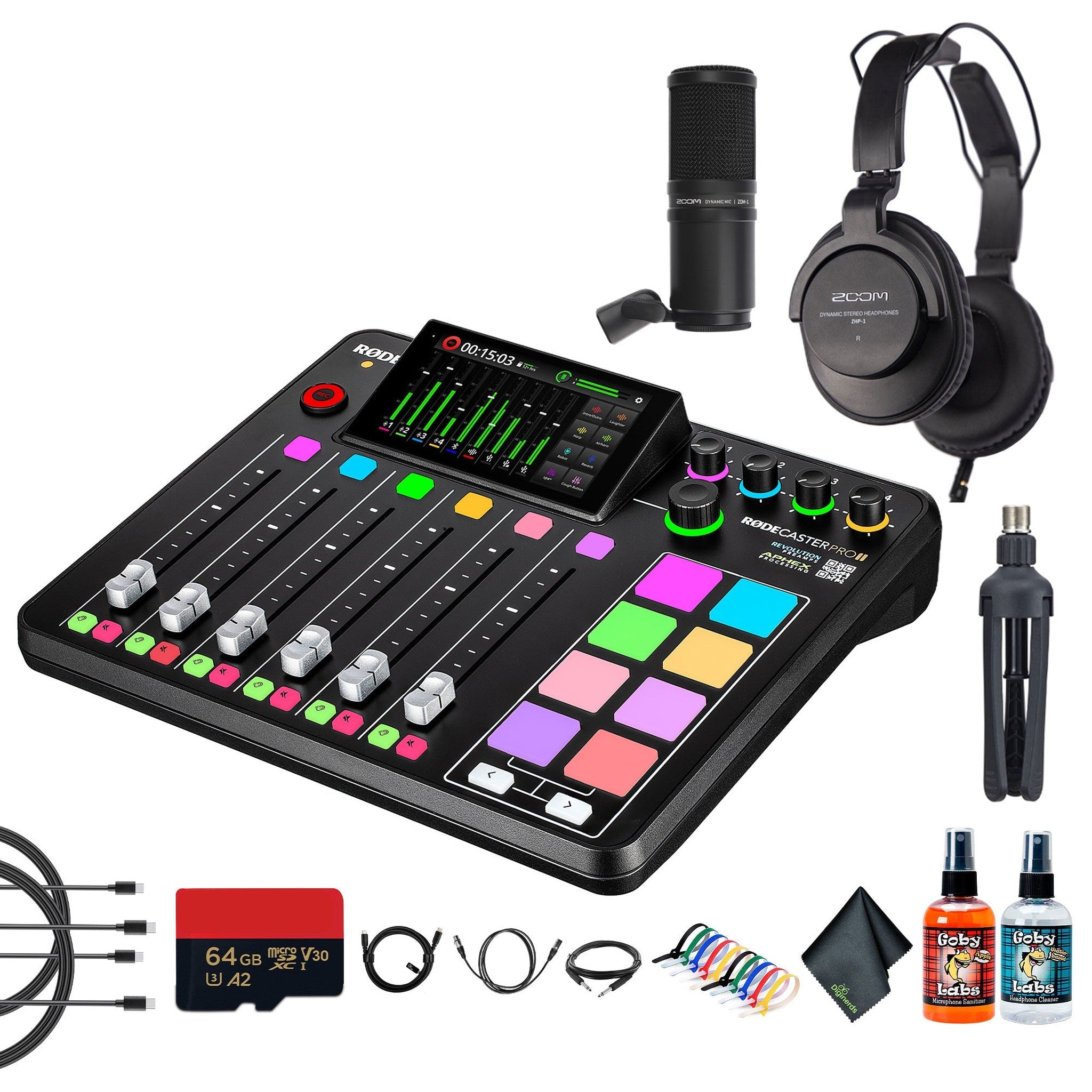 RODE RODECaster Pro II + Headphones + Podcast Microphone + 64GB Micro SD + More Bundle