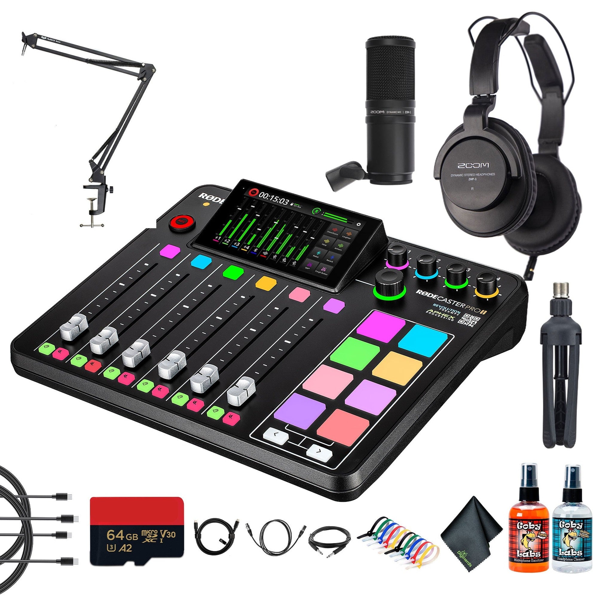 RODE RODECaster Pro II + Headphones + Podcast Microphone + Mic Arm Stand + More Bundle