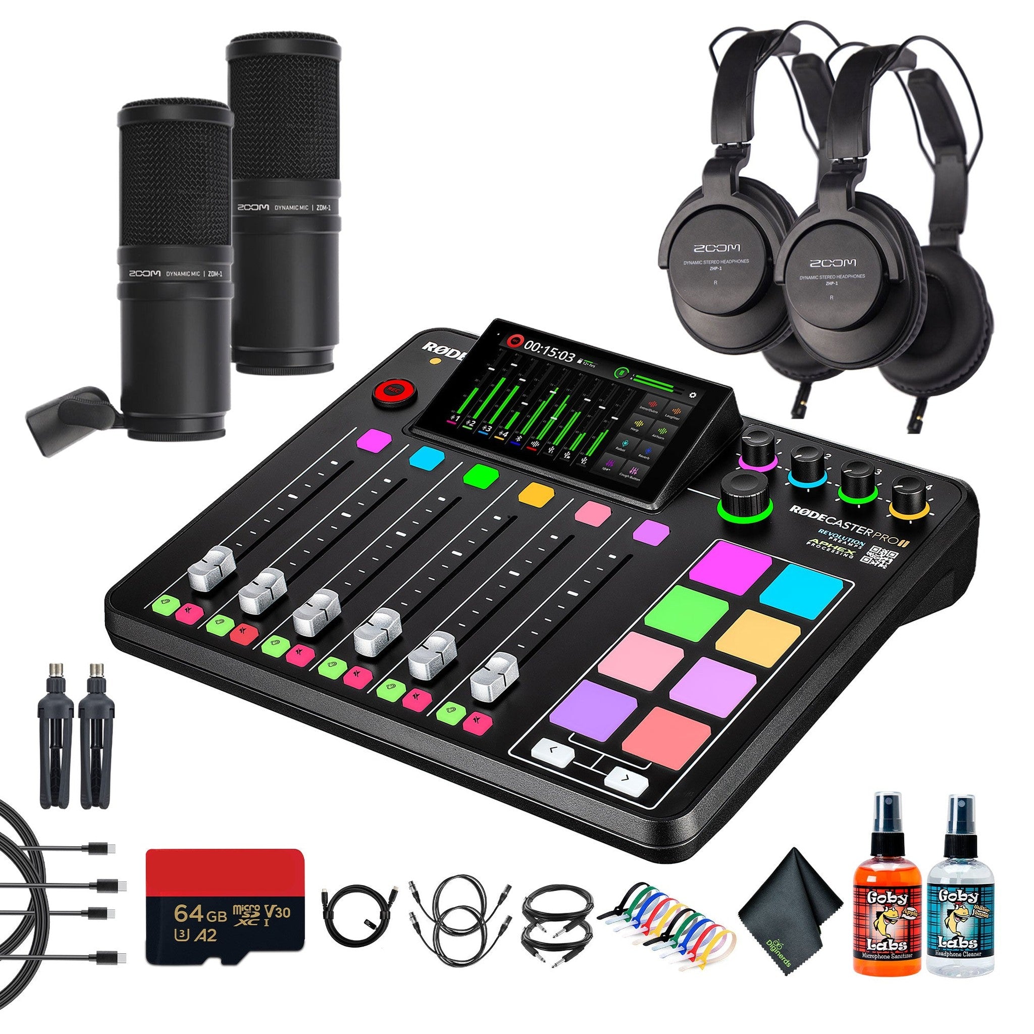 RODE RODECaster Pro II + Headphones + Podcast Microphone + 64GB Micro SD + More Bundle