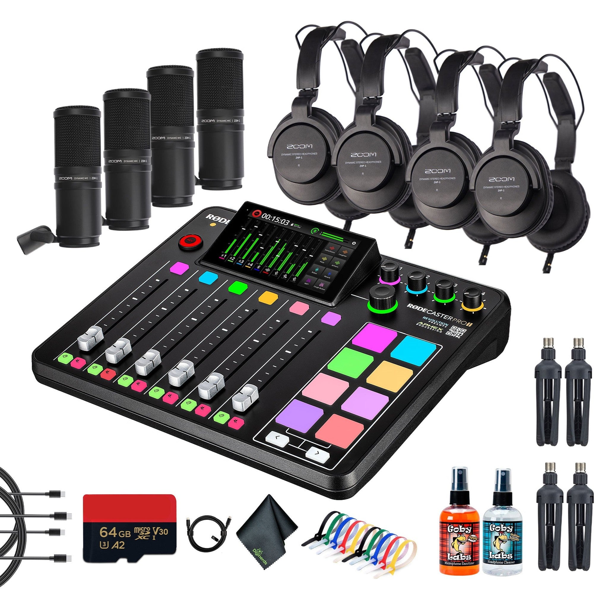RODE RODECaster Pro II + Headphones + Podcast Microphone + 64GB Micro SD + More Bundle