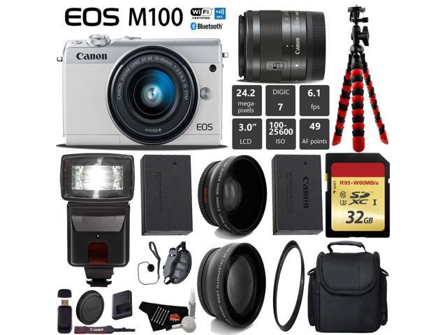 Canon EOS M100 Mirrorless Digital Camera White with 15-45mm Lens Extra Battery Bundle