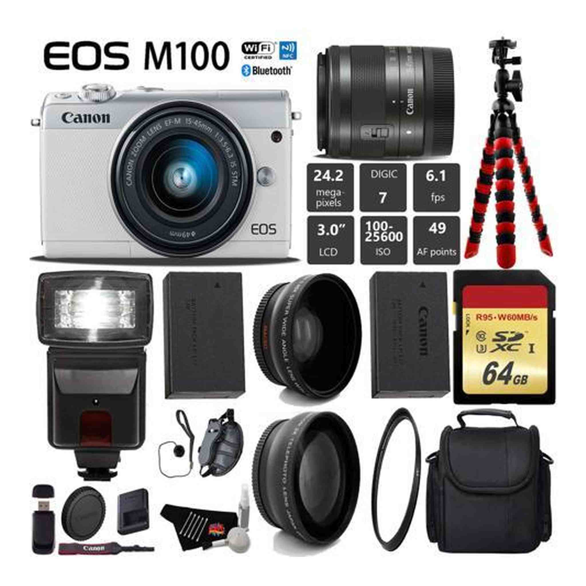Canon EOS M100 Mirrorless Digital Camera White with 15-45mm Lens Ultimate Video Bundle