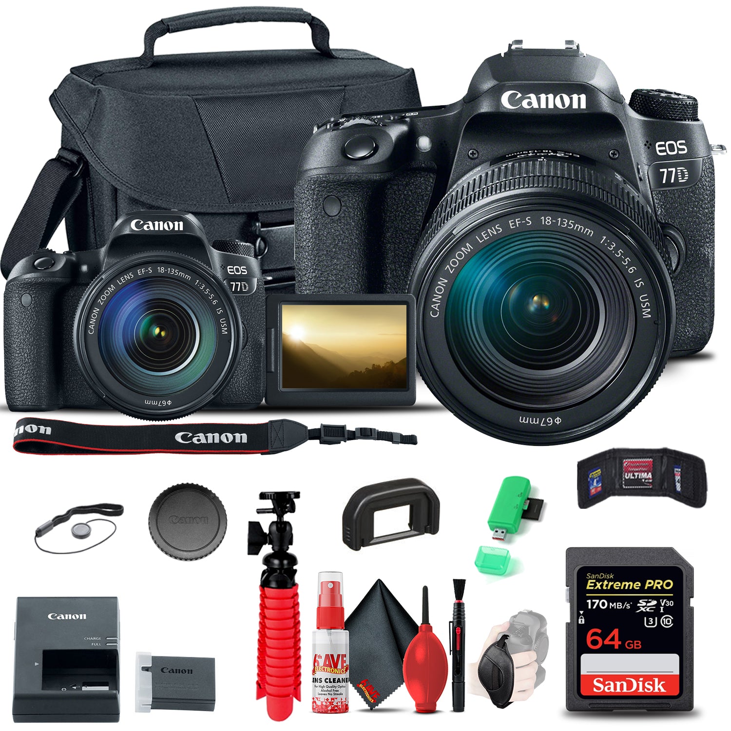 Canon EOS 77D DSLR Camera with 18-135mm USM Lens 1892C002 + 64GB Card + More
