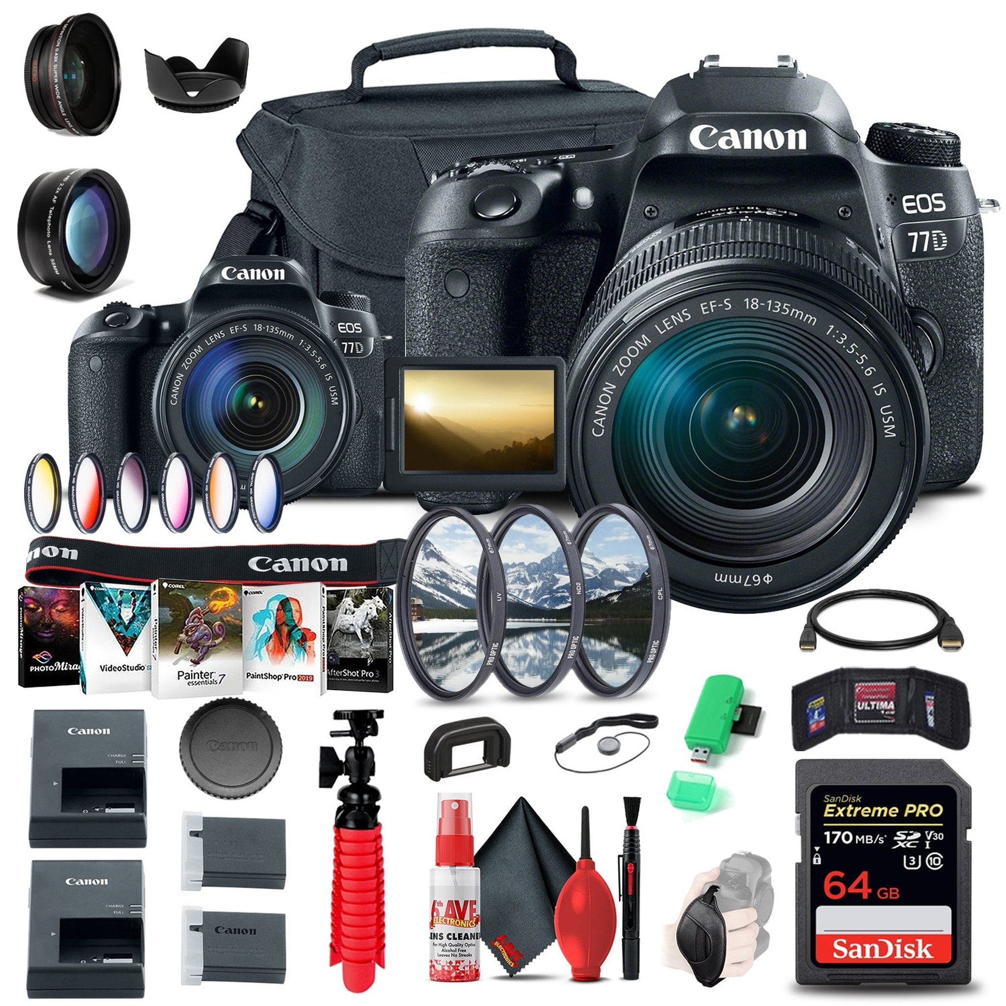 Canon EOS 77D DSLR Camera with 18-135mm USM Lens 1892C002 + 64GB Card + More Canon