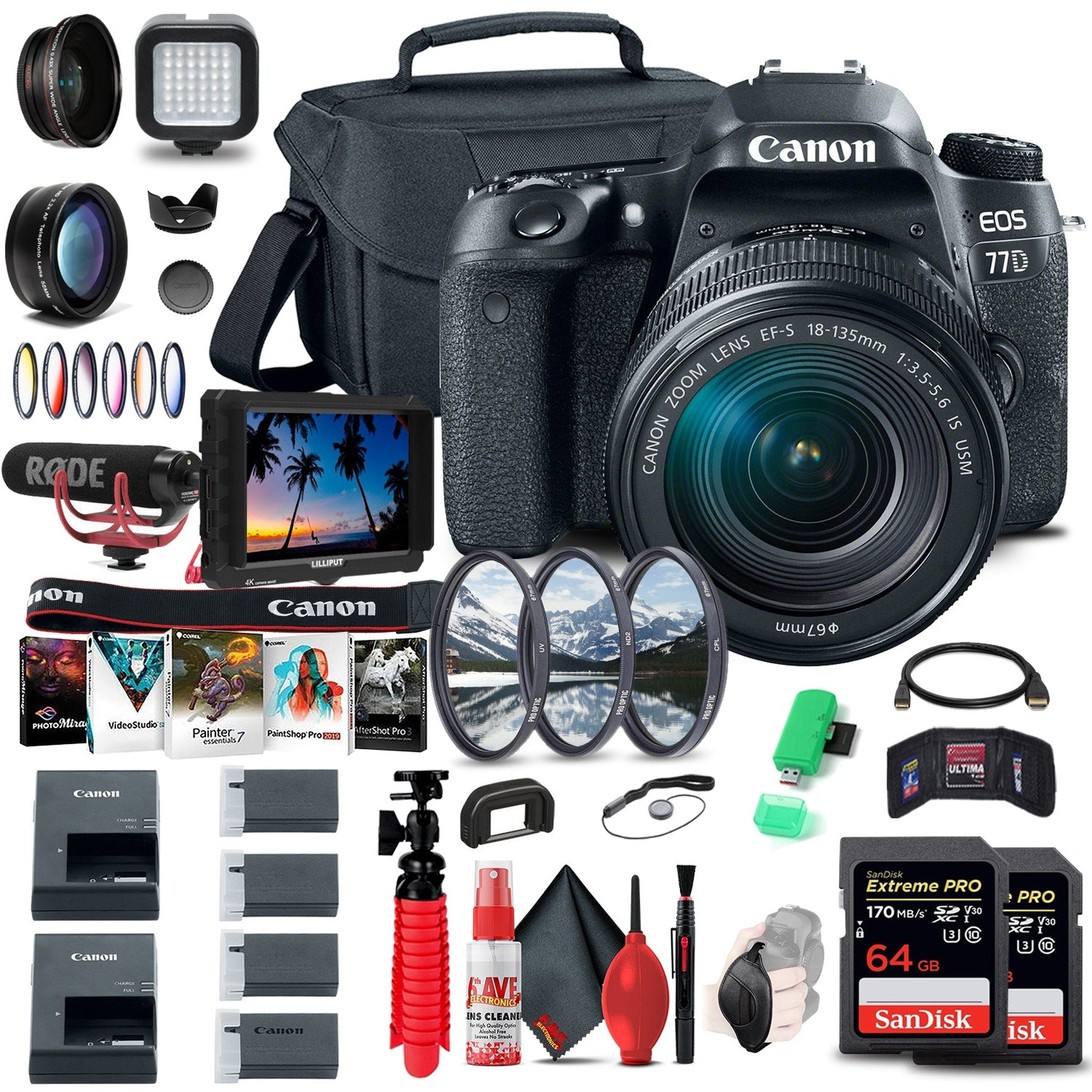 Canon EOS 77D DSLR Camera with 18-135mm USM Lens 1892C002 + 4K Monitor + More Canon