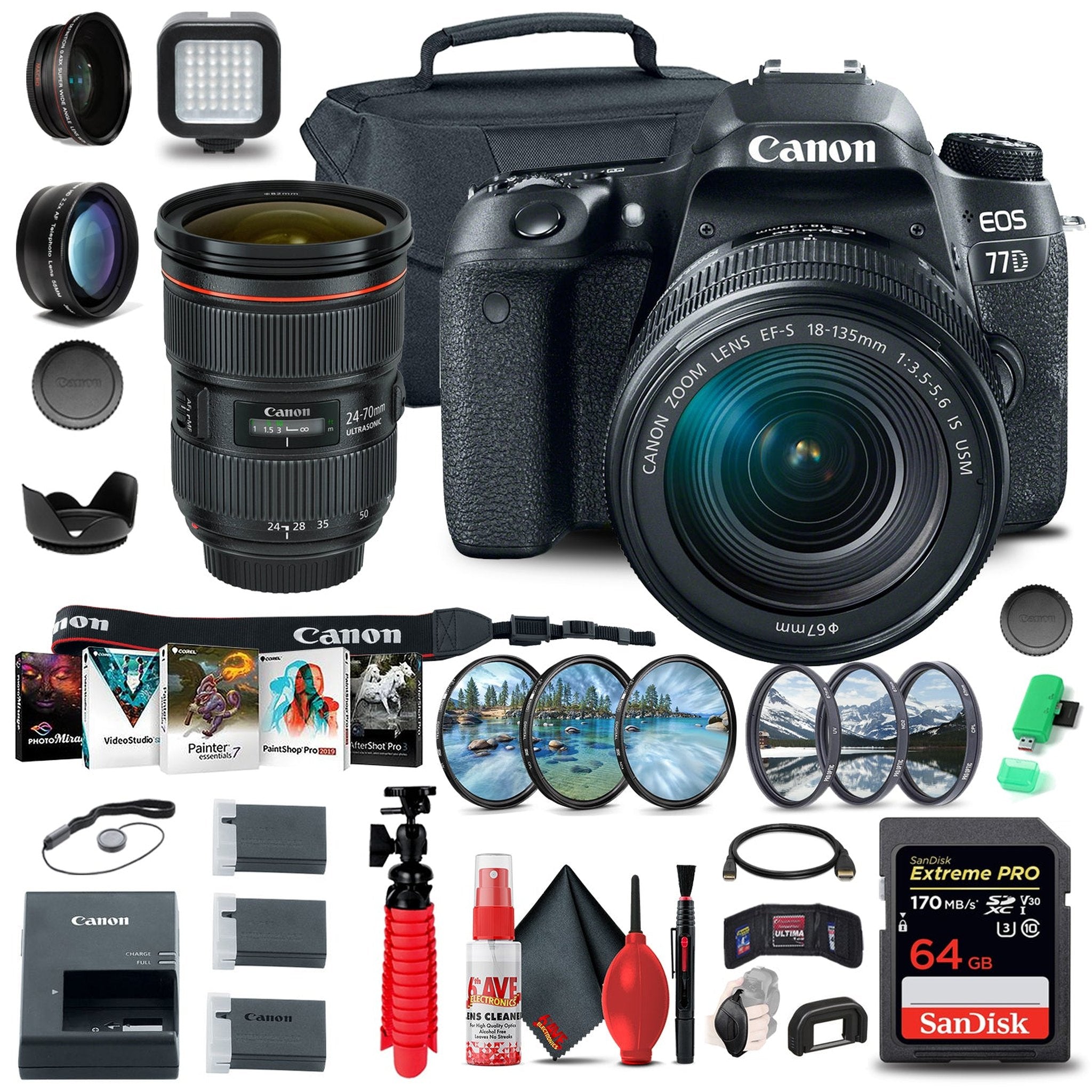 Canon EOS 77D DSLR Camera with 18-135mm USM Lens 1892C002 + EF 24-70mm + More Canon