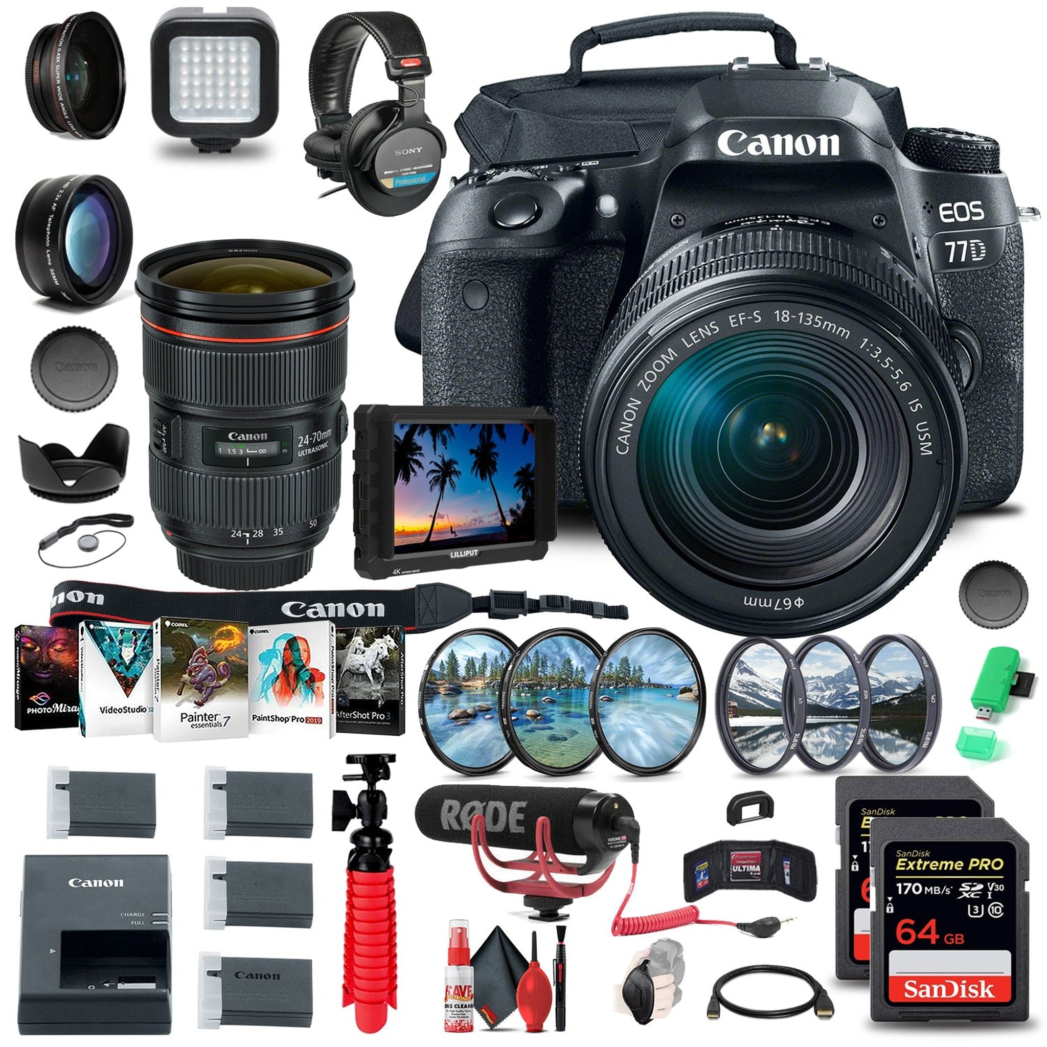 Canon EOS 77D DSLR Camera with 18-135mm USM Lens 1892C002 + 4K Monitor + More Canon