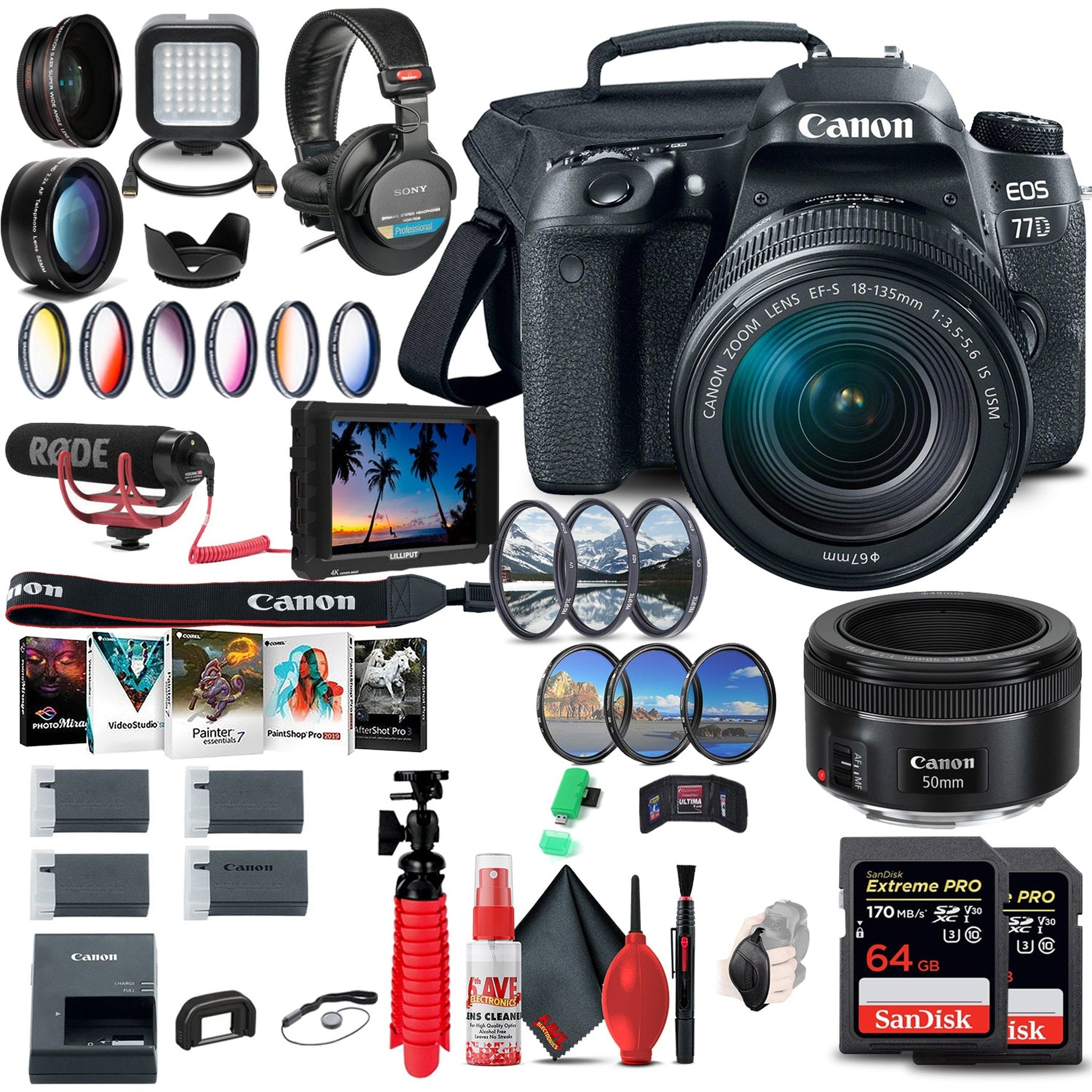 Canon EOS 77D DSLR Camera with 18-135mm USM Lens 1892C002 + 4K Monitor + More Canon