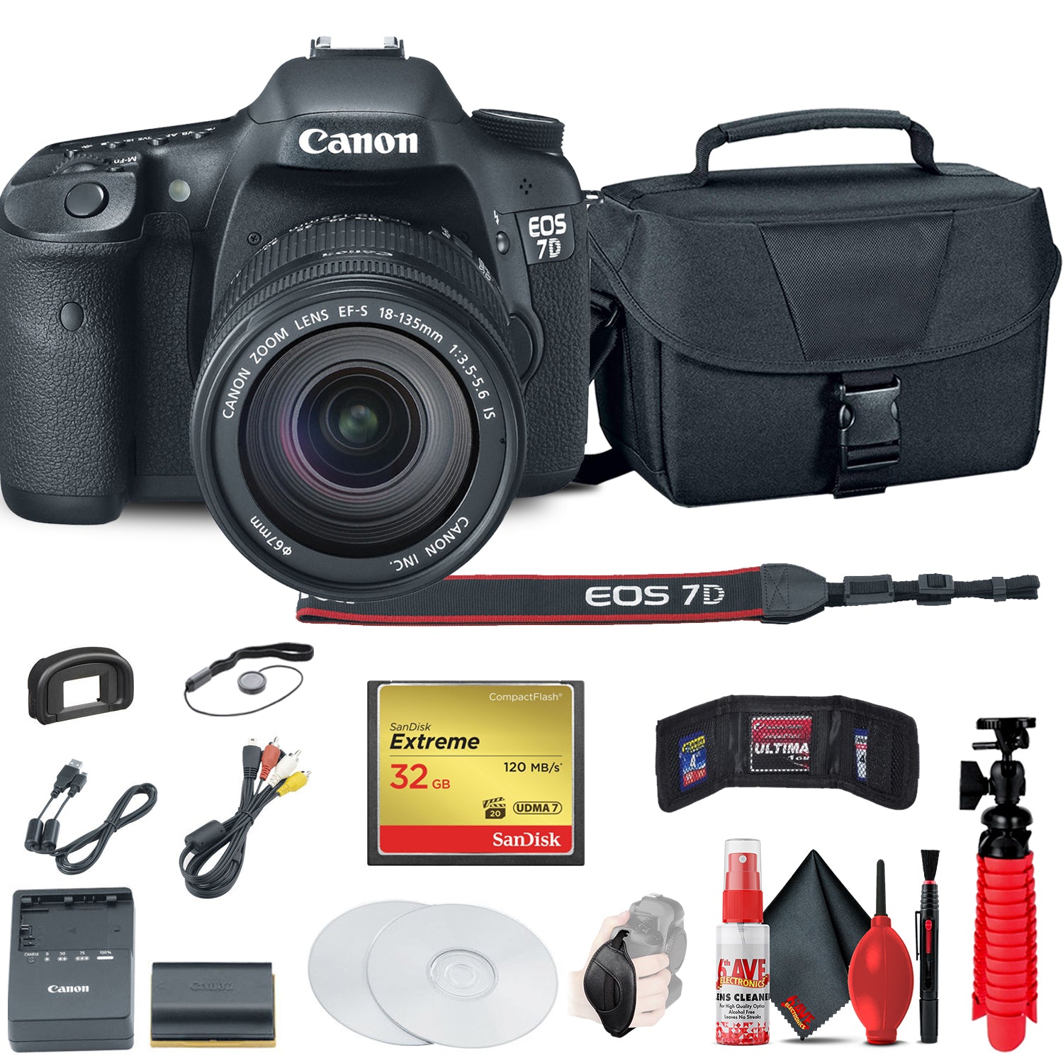 Canon EOS 7D DSLR Camera with 18-135mm Kit (3814B016) + 32GB Compact Flash Card Base Bundle