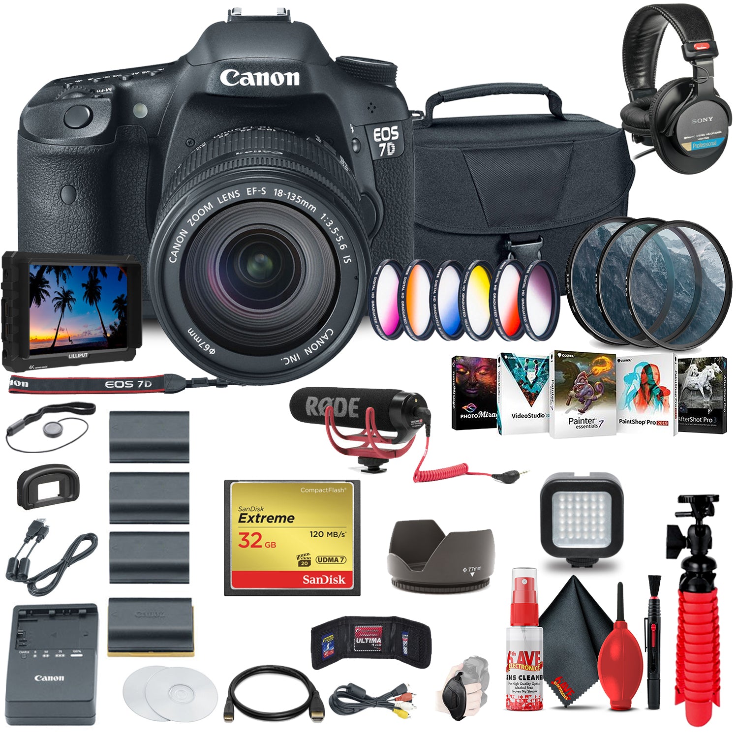 Canon EOS 7D DSLR Camera with 18-135mm Kit (3814B016) + 4K Monitor + Mic + More