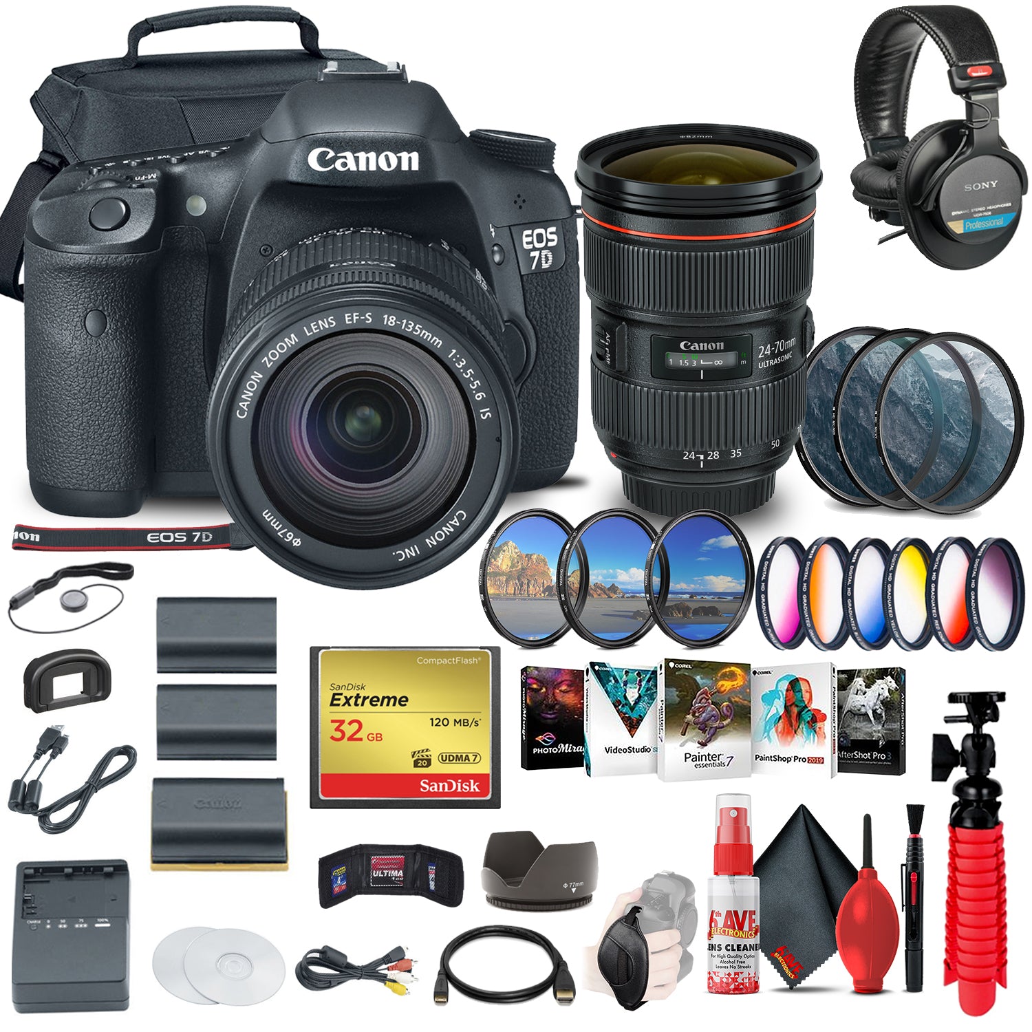 Canon EOS 7D DSLR Camera with 18-135mm Kit (3814B016) + EF 24-70mm Lens Advanced Bundle
