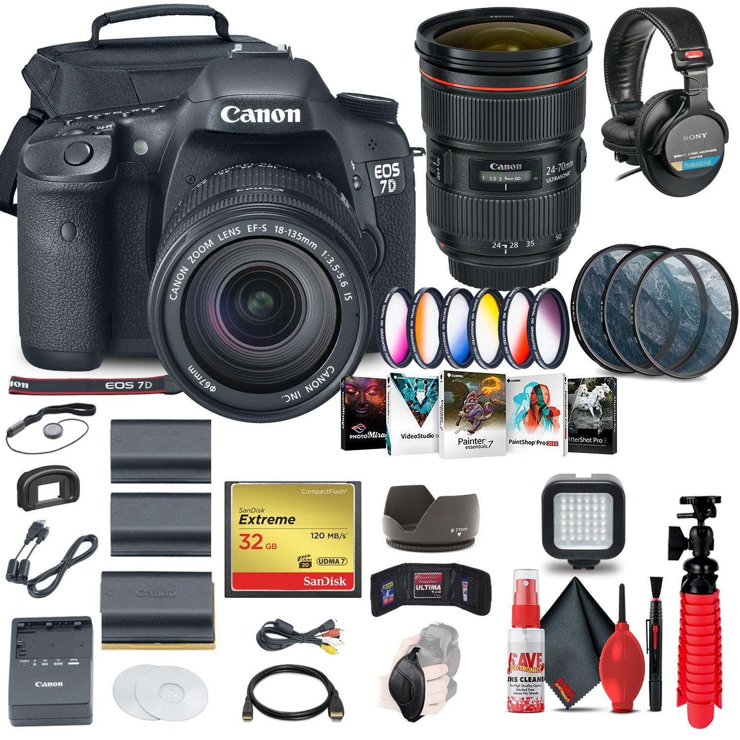 Canon EOS 7D DSLR Camera with 18-135mm Kit (3814B016) + EF 24-70mm Lens Ultimate Bundle