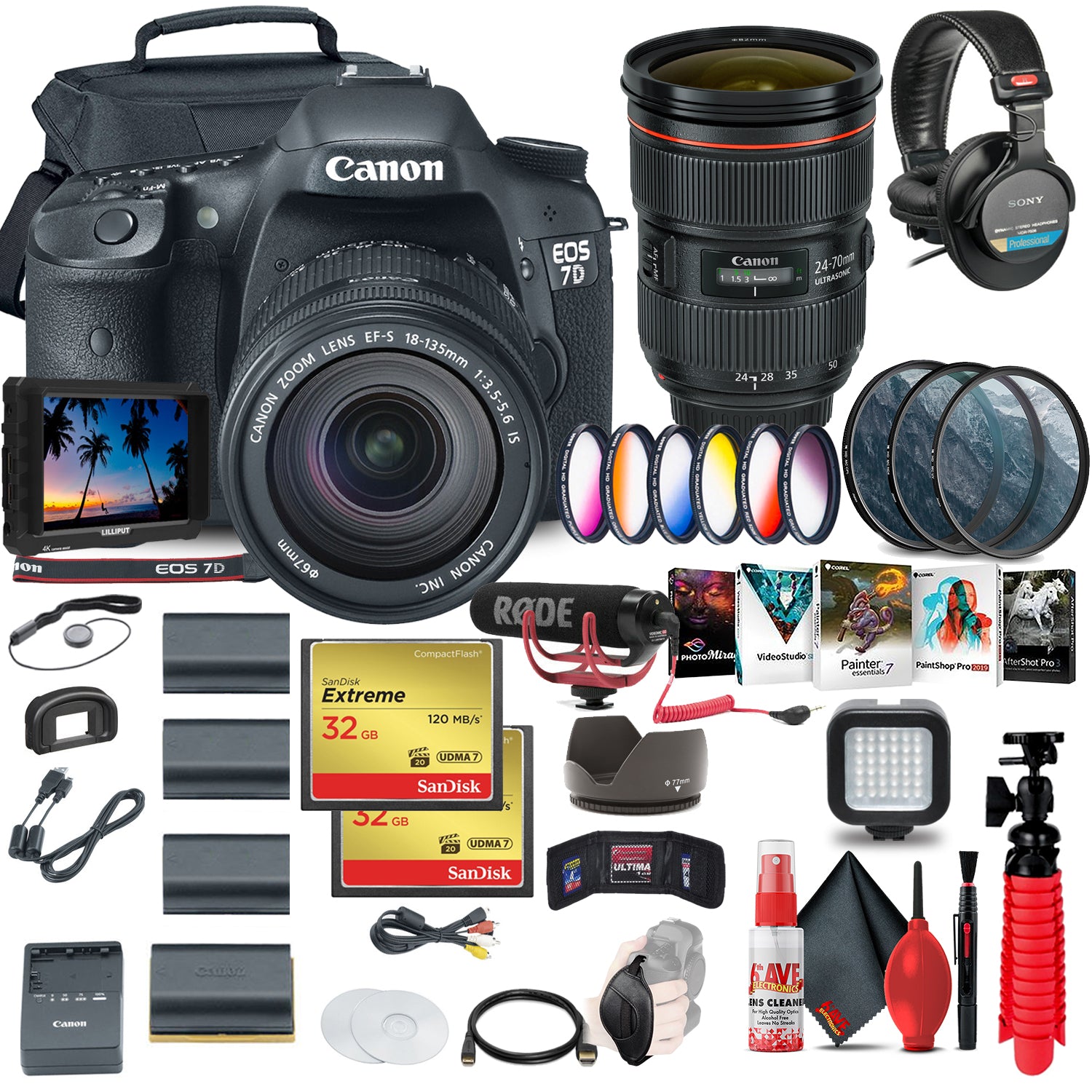 Canon EOS 7D DSLR Camera with 18-135mm Kit (3814B016) + 4K Monitor + More